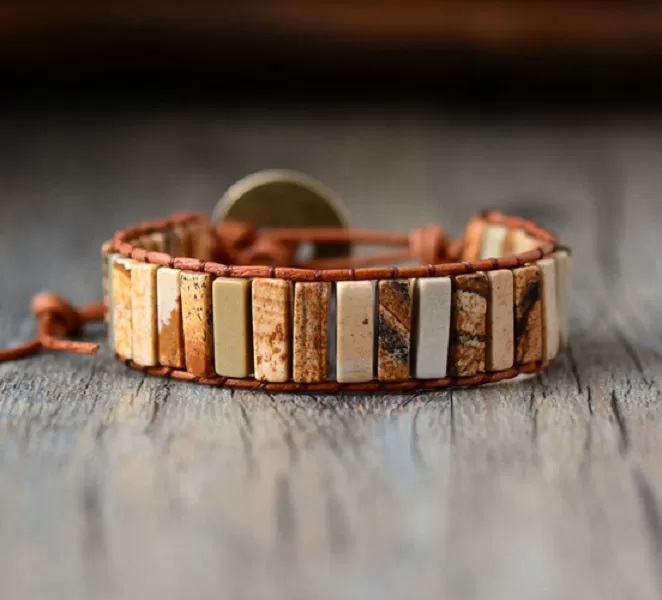 Picture Jasper Tubestone Leather Wrap Bracelet (Unisex)