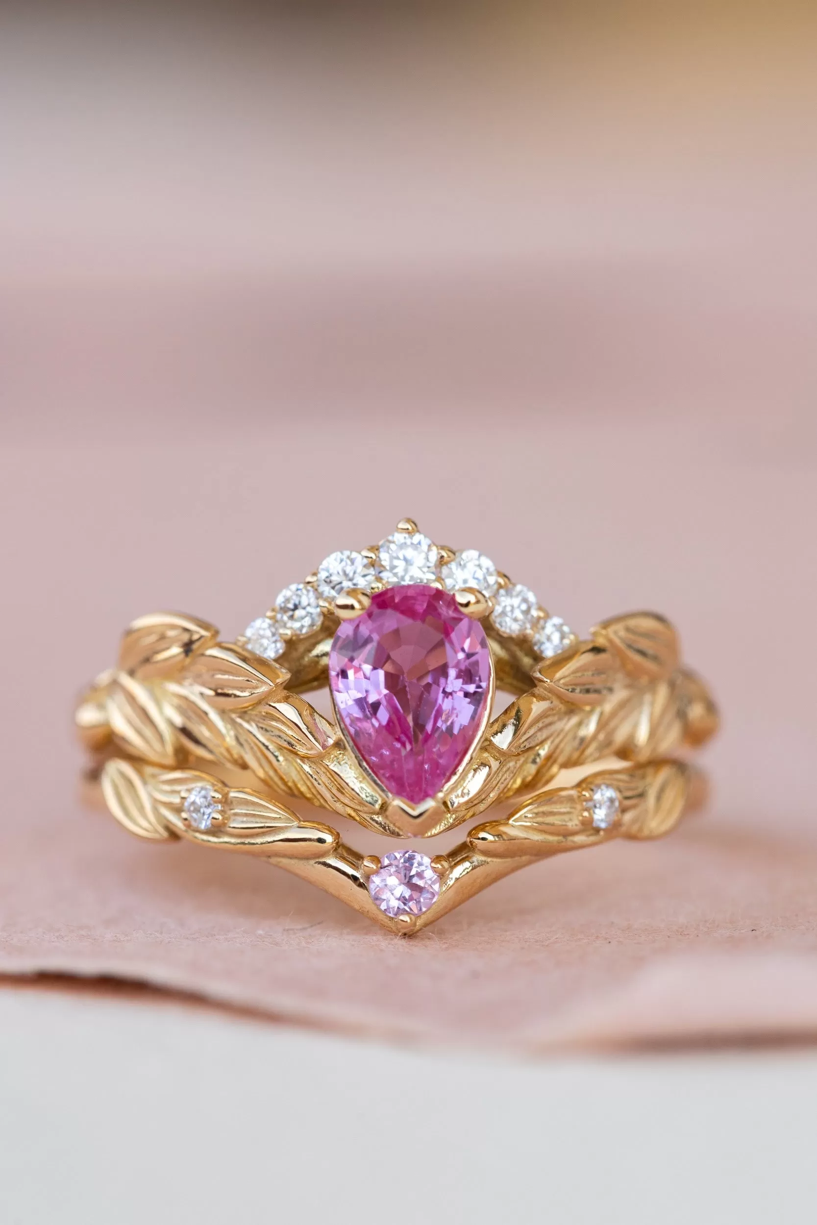 Pink sapphire and diamond crown engagement ring, rose gold leaves ring with diamonds / Palmira Crown