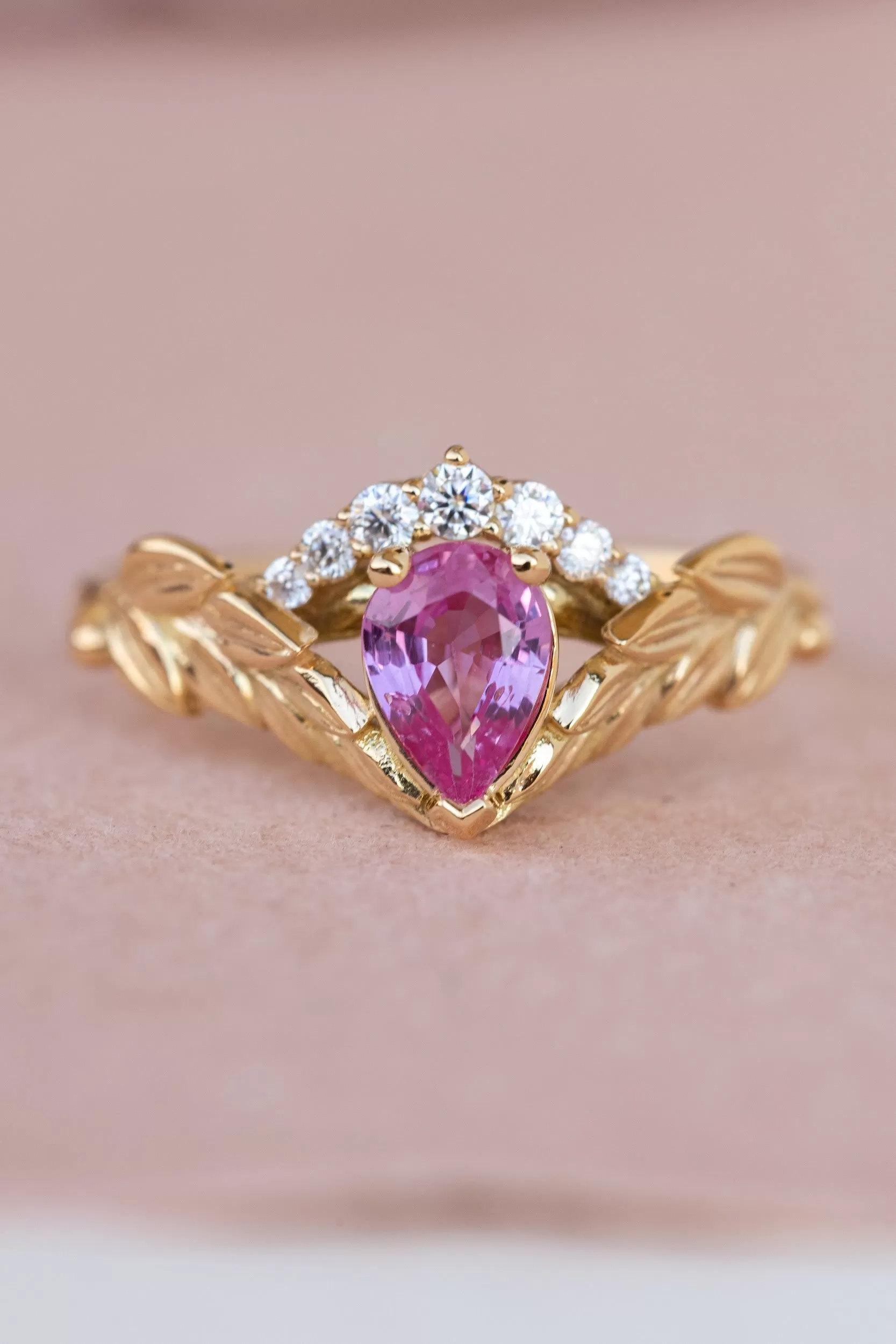 Pink sapphire and diamond crown engagement ring, rose gold leaves ring with diamonds / Palmira Crown