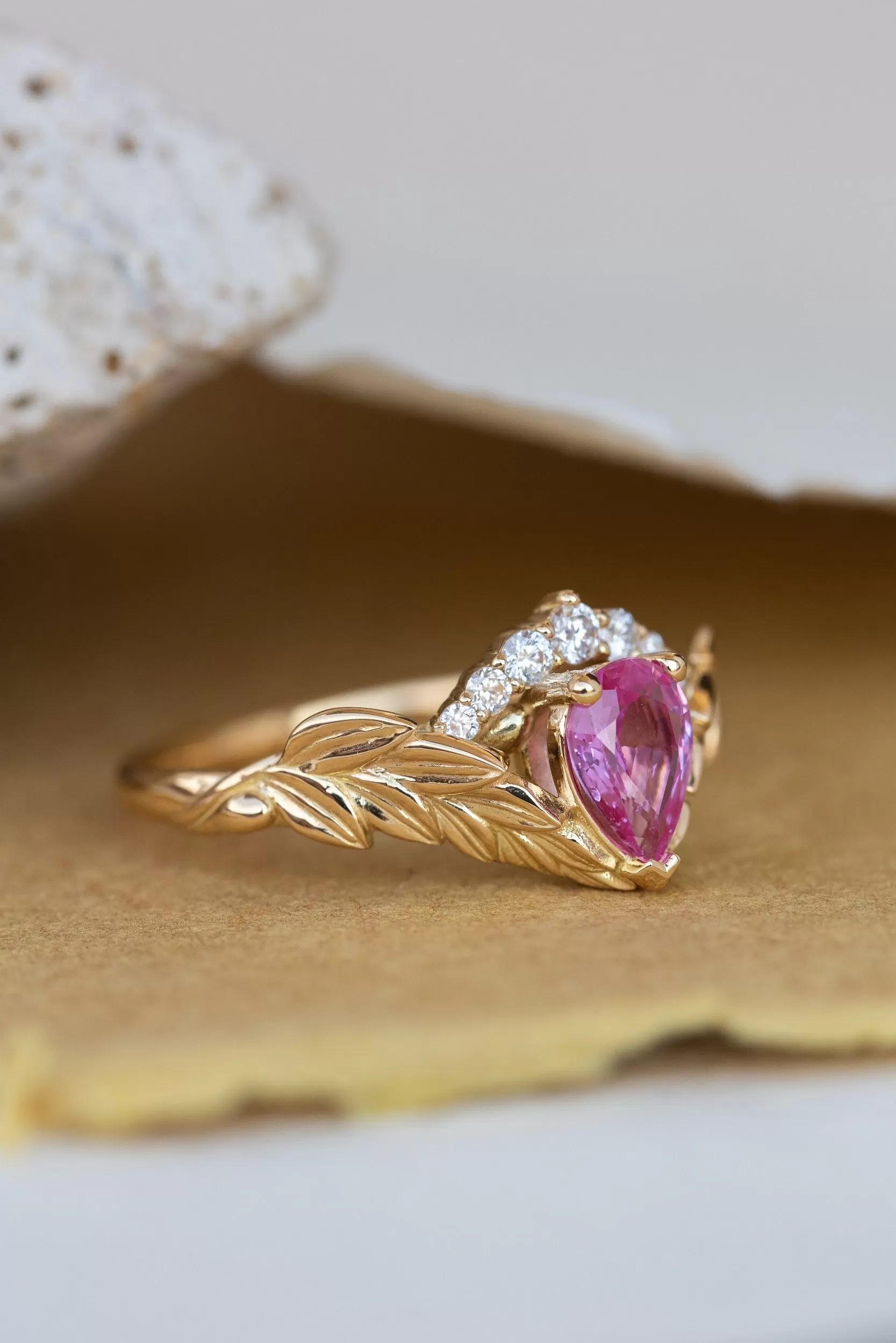 Pink sapphire and diamond crown engagement ring, rose gold leaves ring with diamonds / Palmira Crown