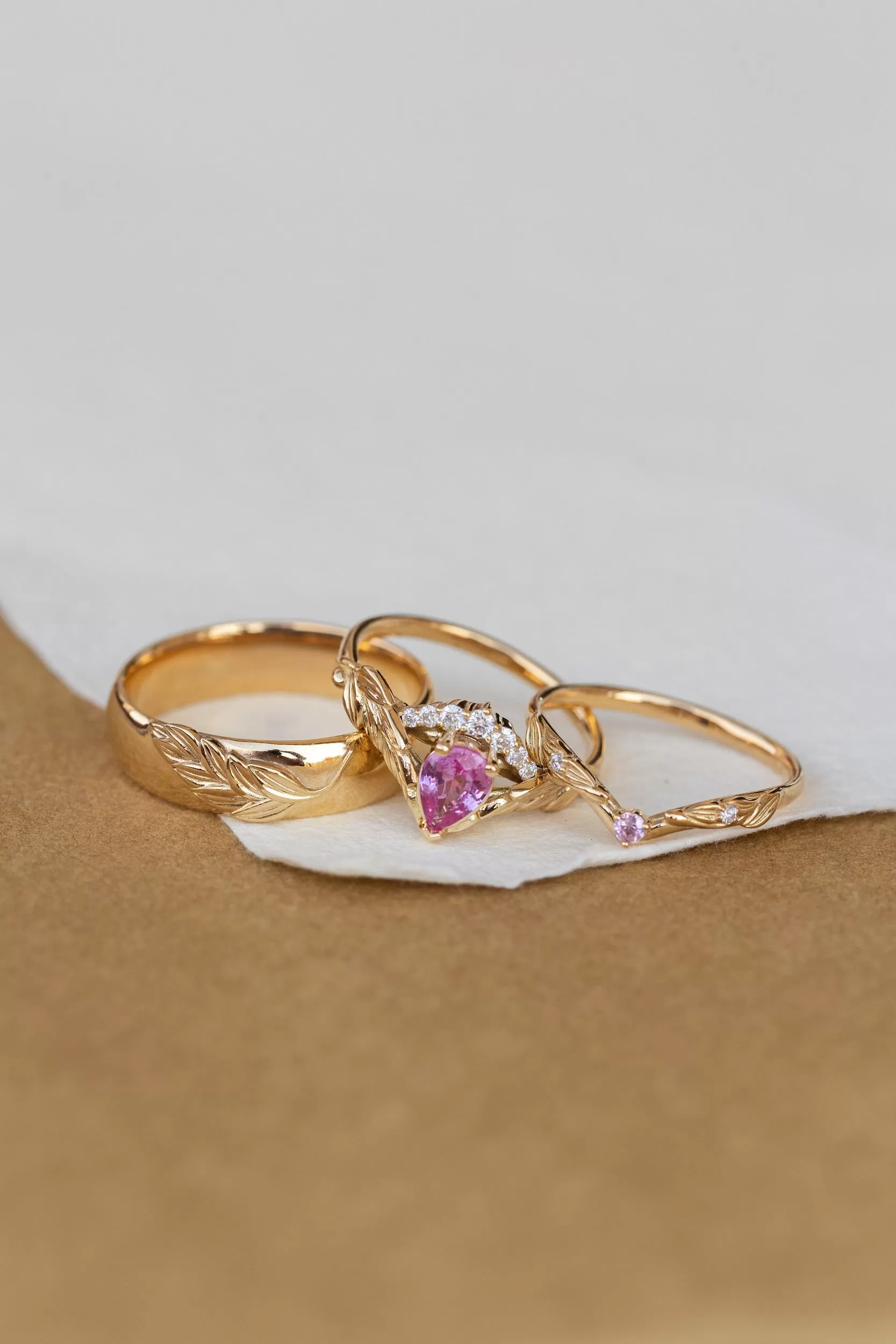 Pink sapphire and diamond crown engagement ring, rose gold leaves ring with diamonds / Palmira Crown