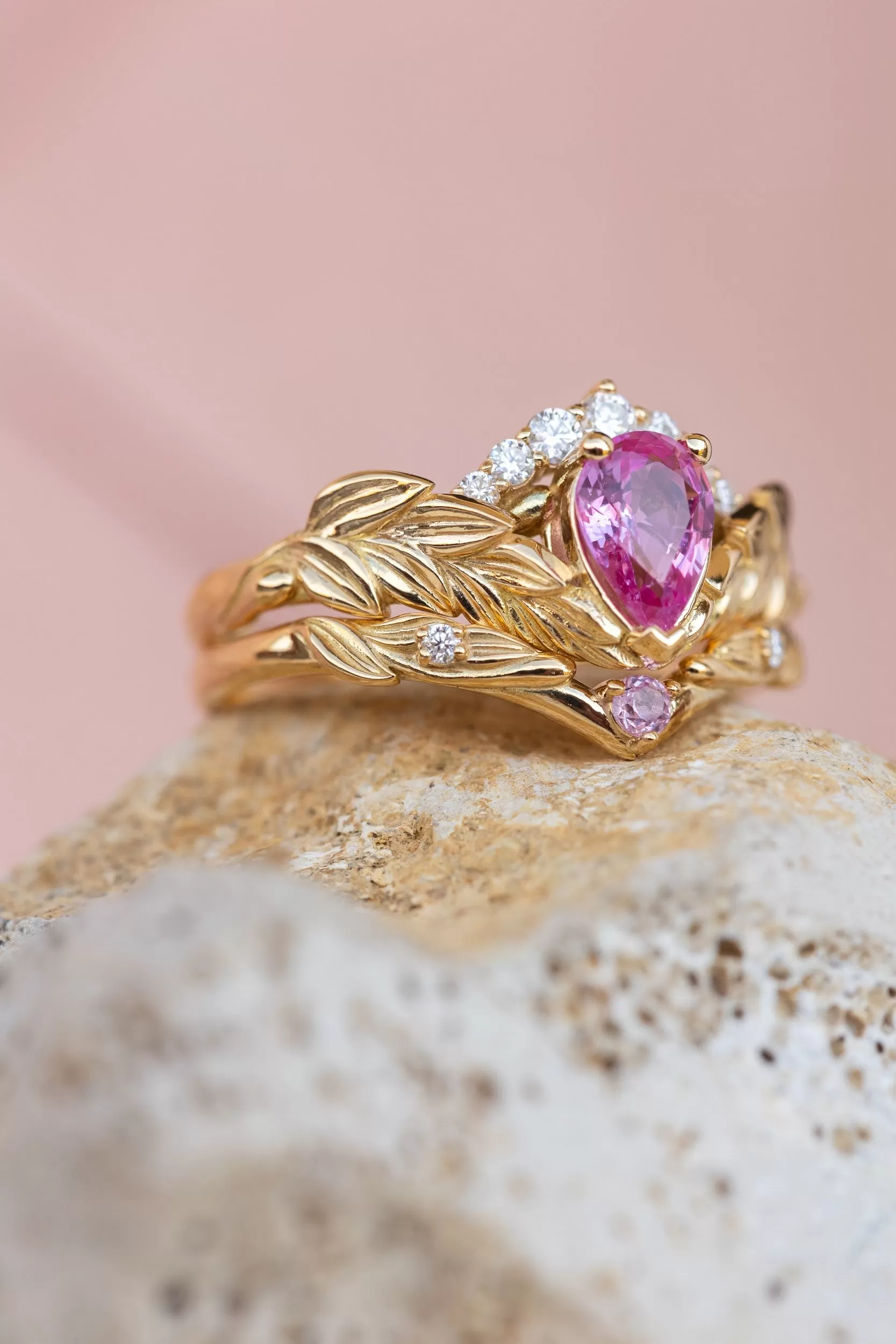 Pink sapphire and diamond crown engagement ring, rose gold leaves ring with diamonds / Palmira Crown