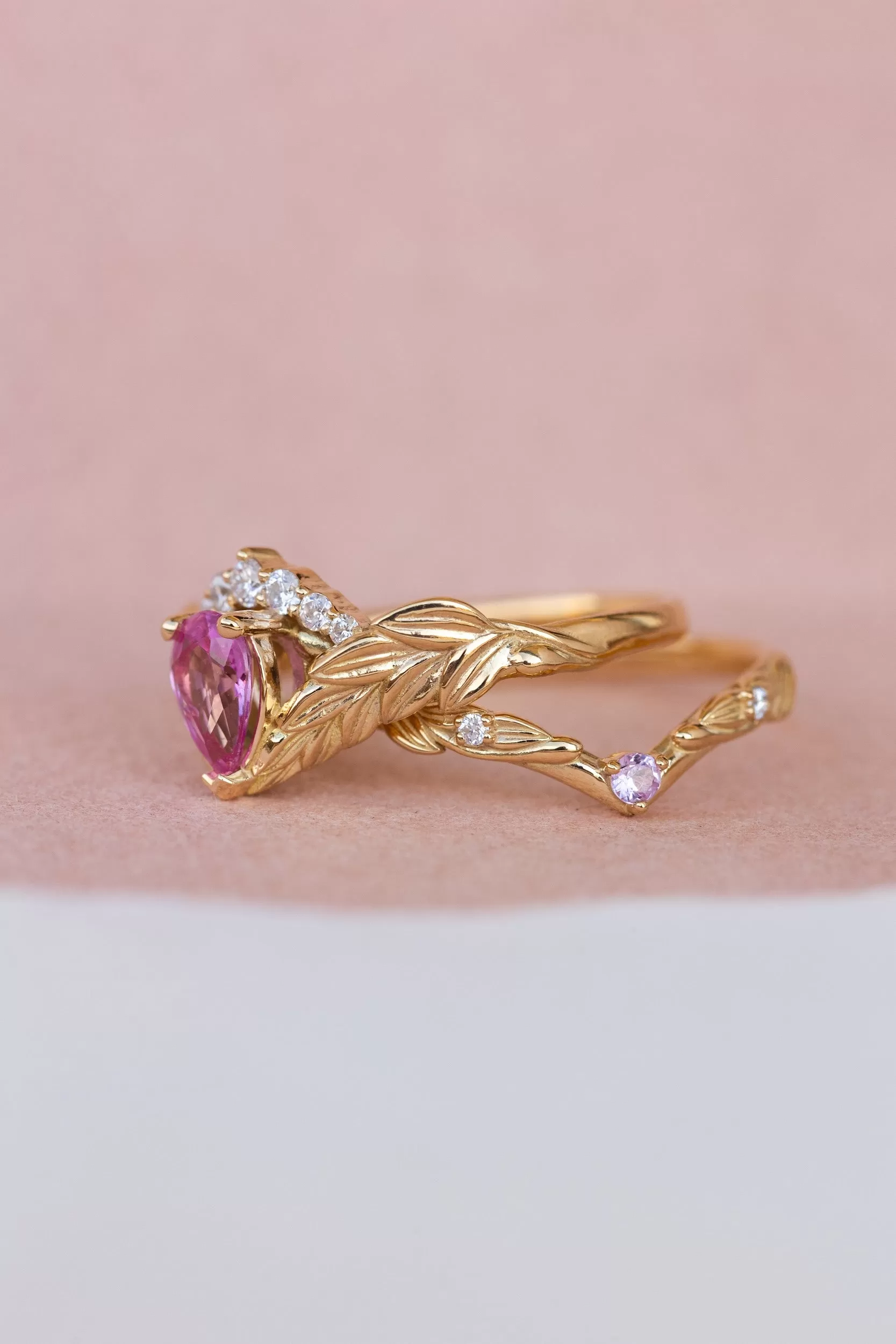 Pink sapphire and diamond crown engagement ring, rose gold leaves ring with diamonds / Palmira Crown