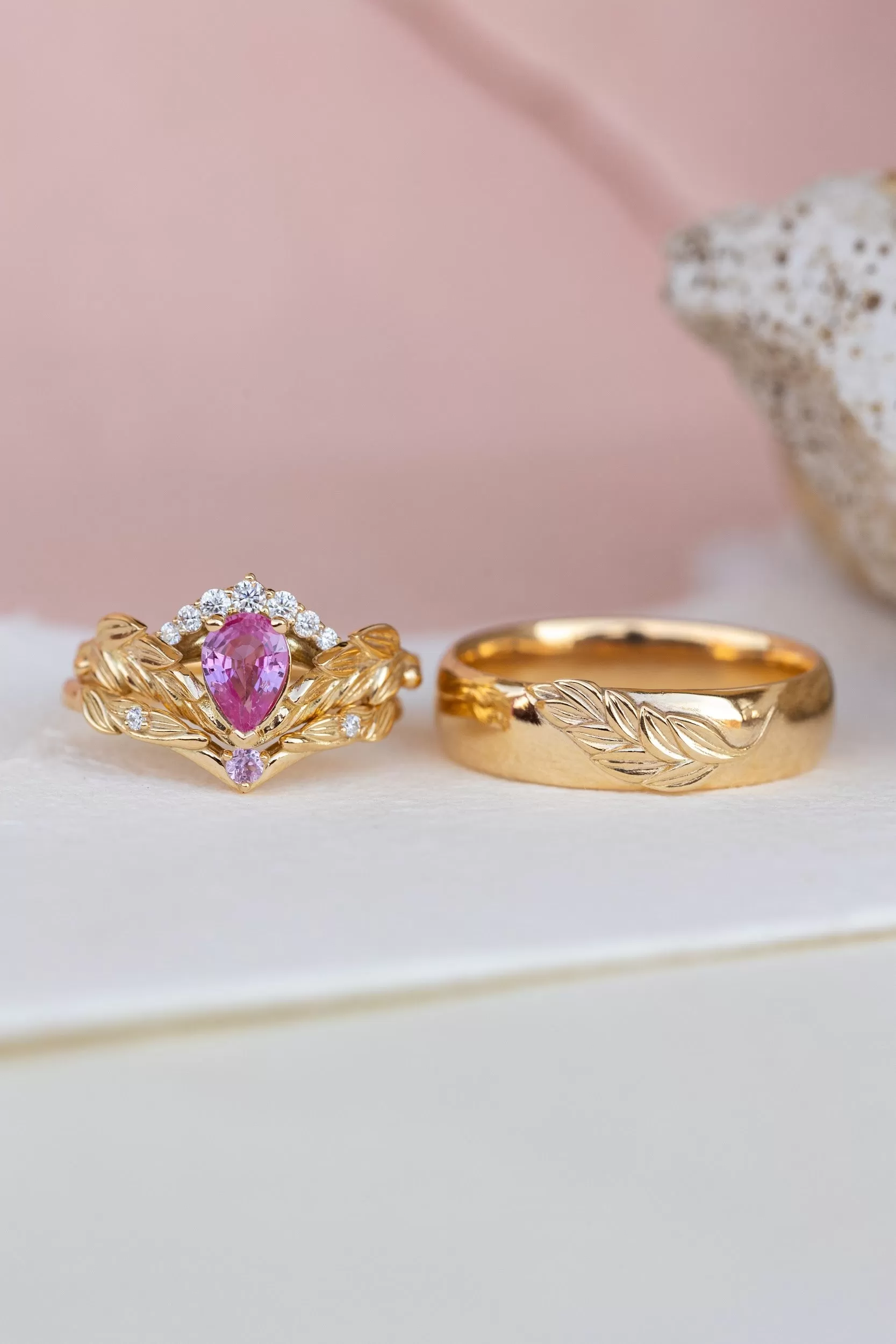 Pink sapphire and diamond crown engagement ring, rose gold leaves ring with diamonds / Palmira Crown