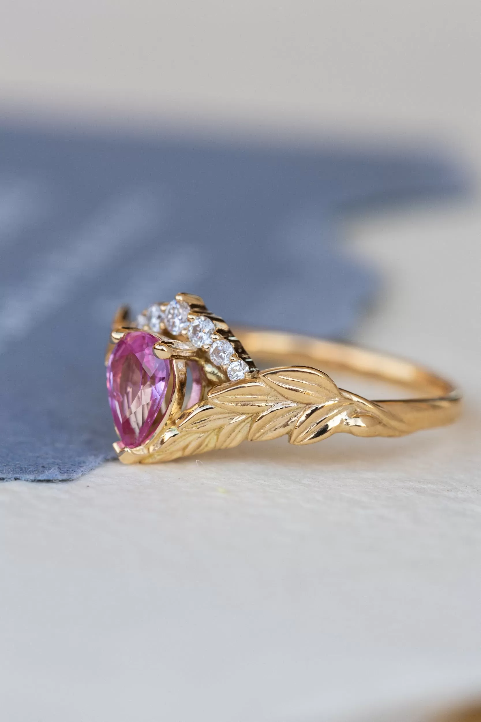 Pink sapphire and diamond crown engagement ring, rose gold leaves ring with diamonds / Palmira Crown