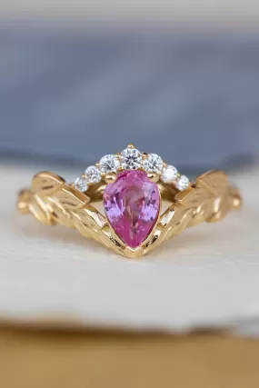 Pink sapphire and diamond crown engagement ring, rose gold leaves ring with diamonds / Palmira Crown