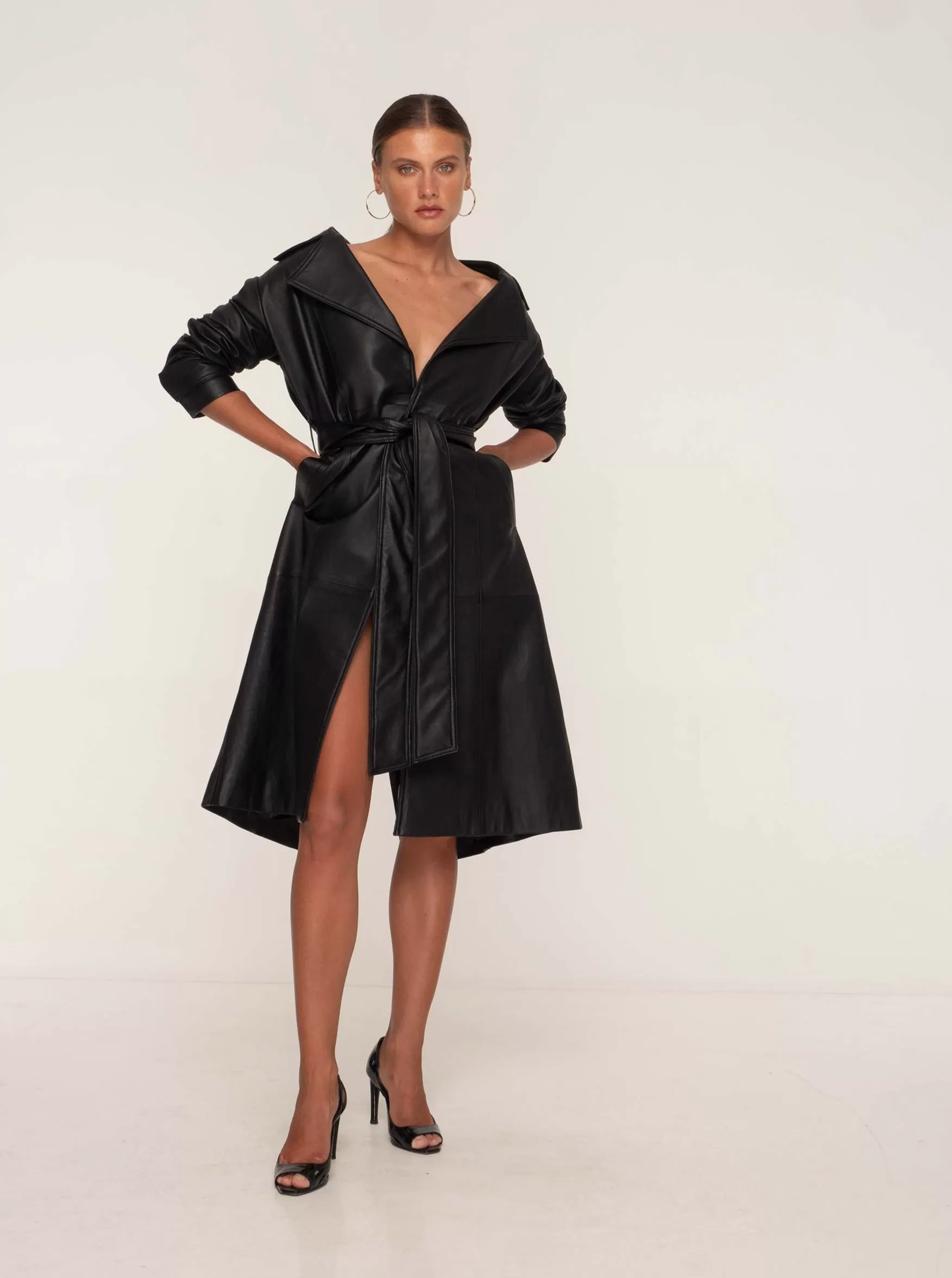 PORTIA LEATHER TRENCH COAT - BLACK