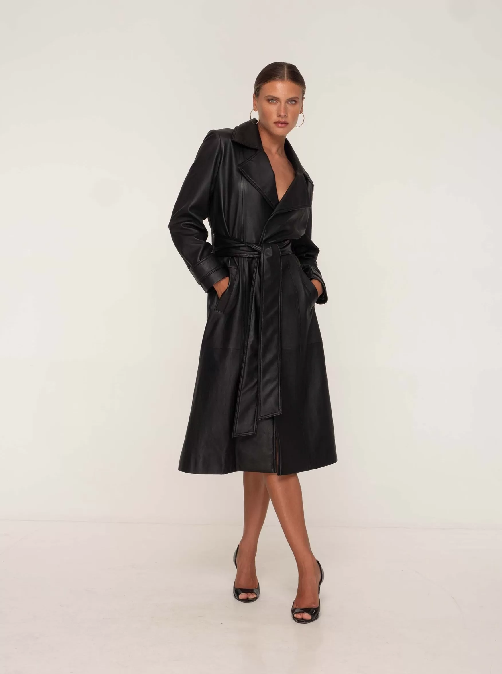 PORTIA LEATHER TRENCH COAT - BLACK