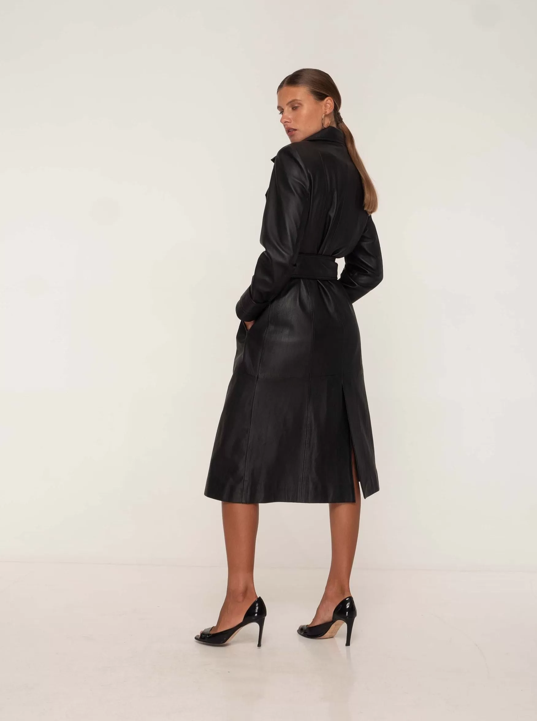 PORTIA LEATHER TRENCH COAT - BLACK