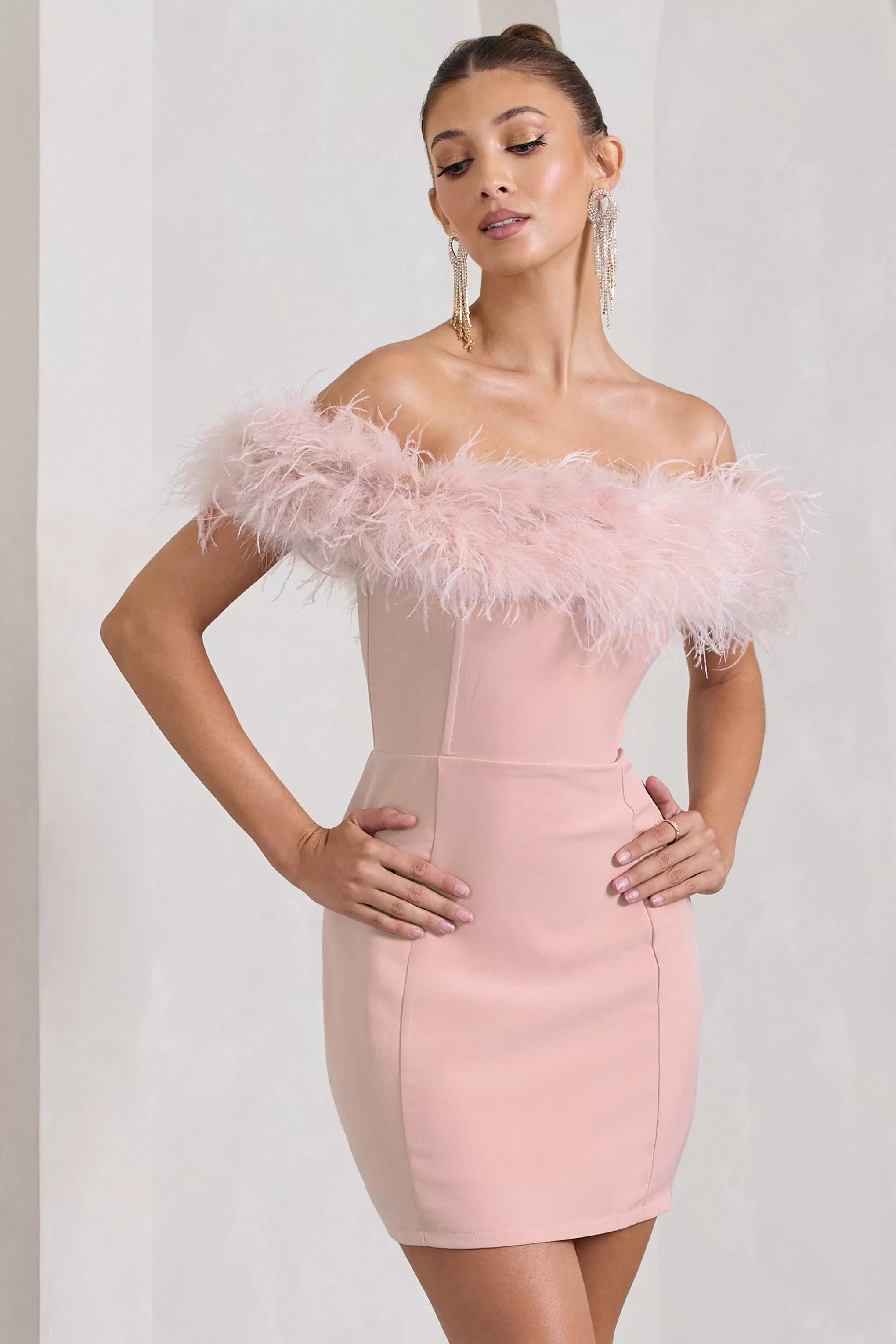 Pure Delight | Pink Bardot Feather Mini Dress