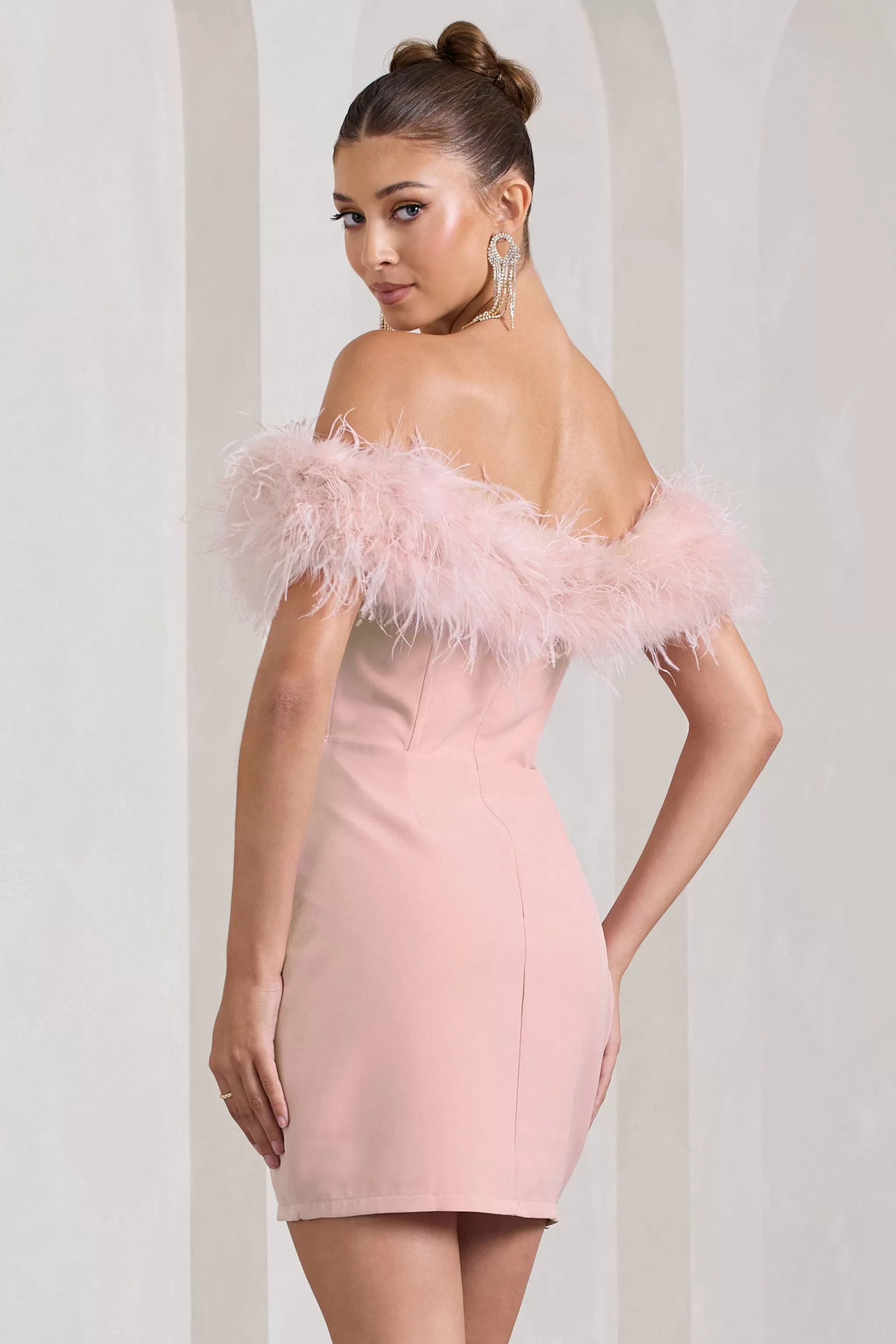 Pure Delight | Pink Bardot Feather Mini Dress