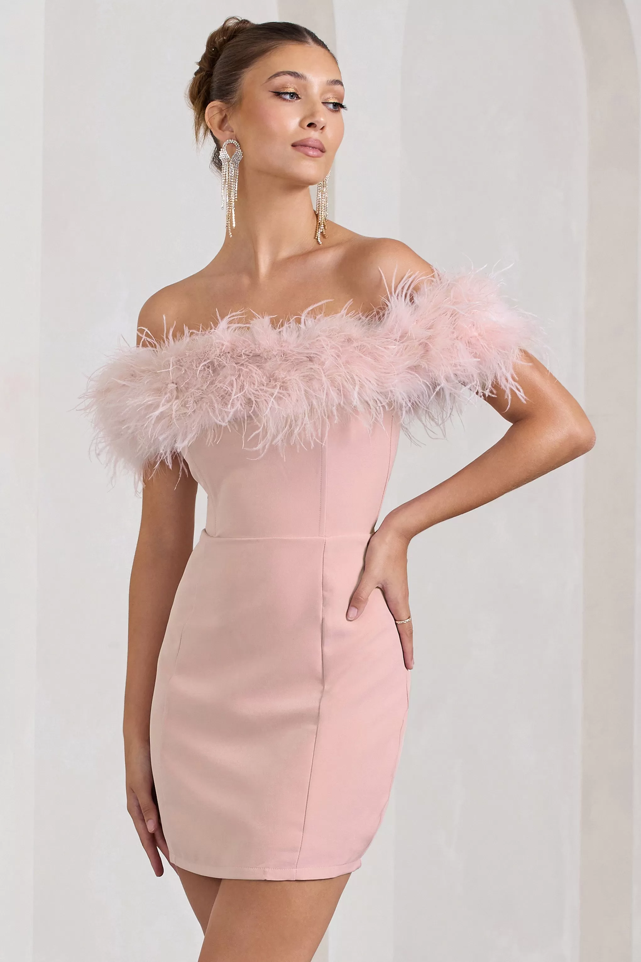 Pure Delight | Pink Bardot Feather Mini Dress