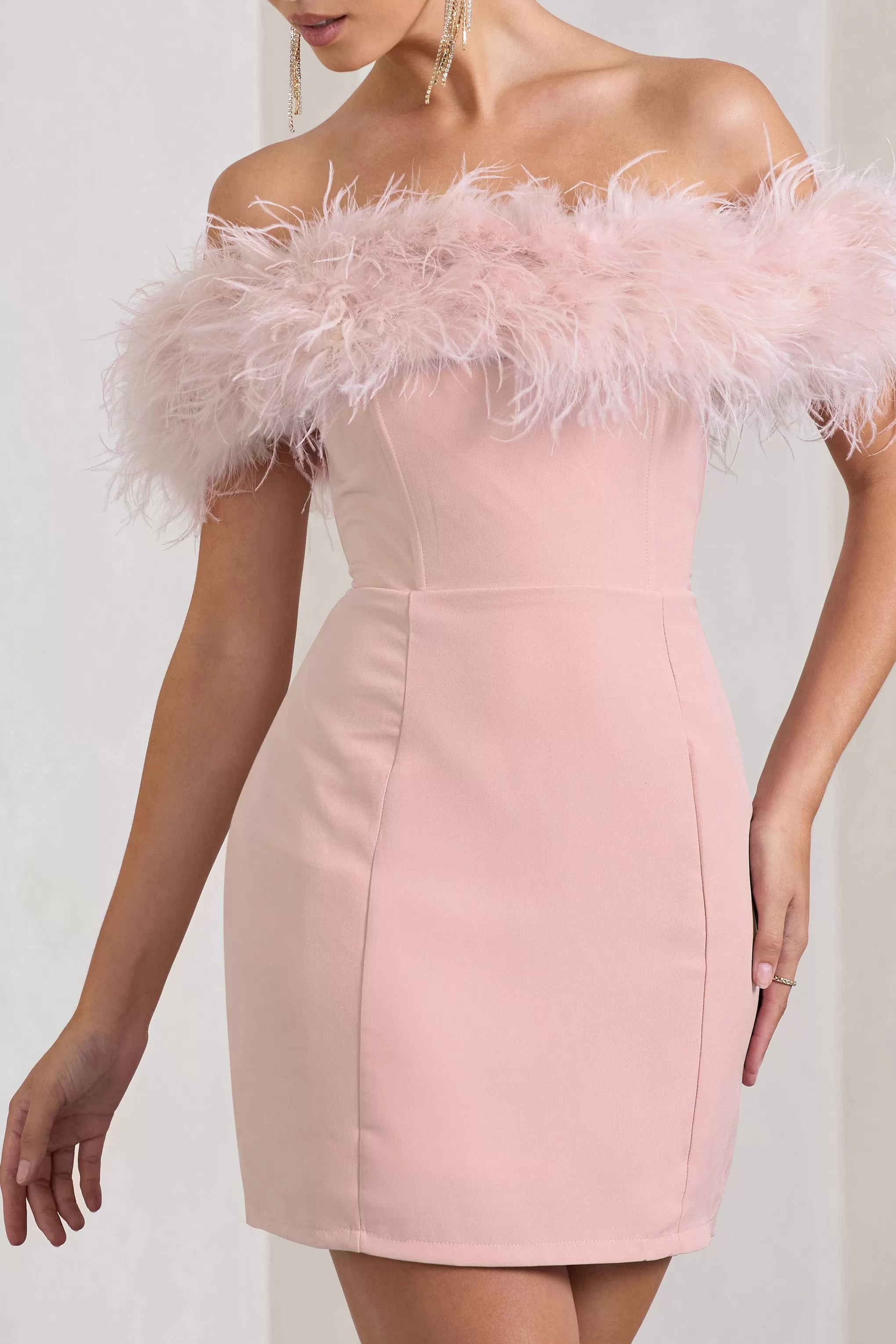 Pure Delight | Pink Bardot Feather Mini Dress