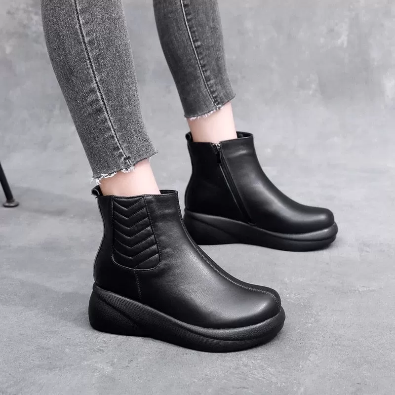 QX1222 Leather Platform Ankle Boots - Soft Women's Casual Shoes