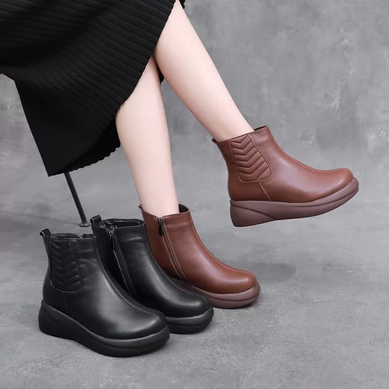 QX1222 Leather Platform Ankle Boots - Soft Women's Casual Shoes