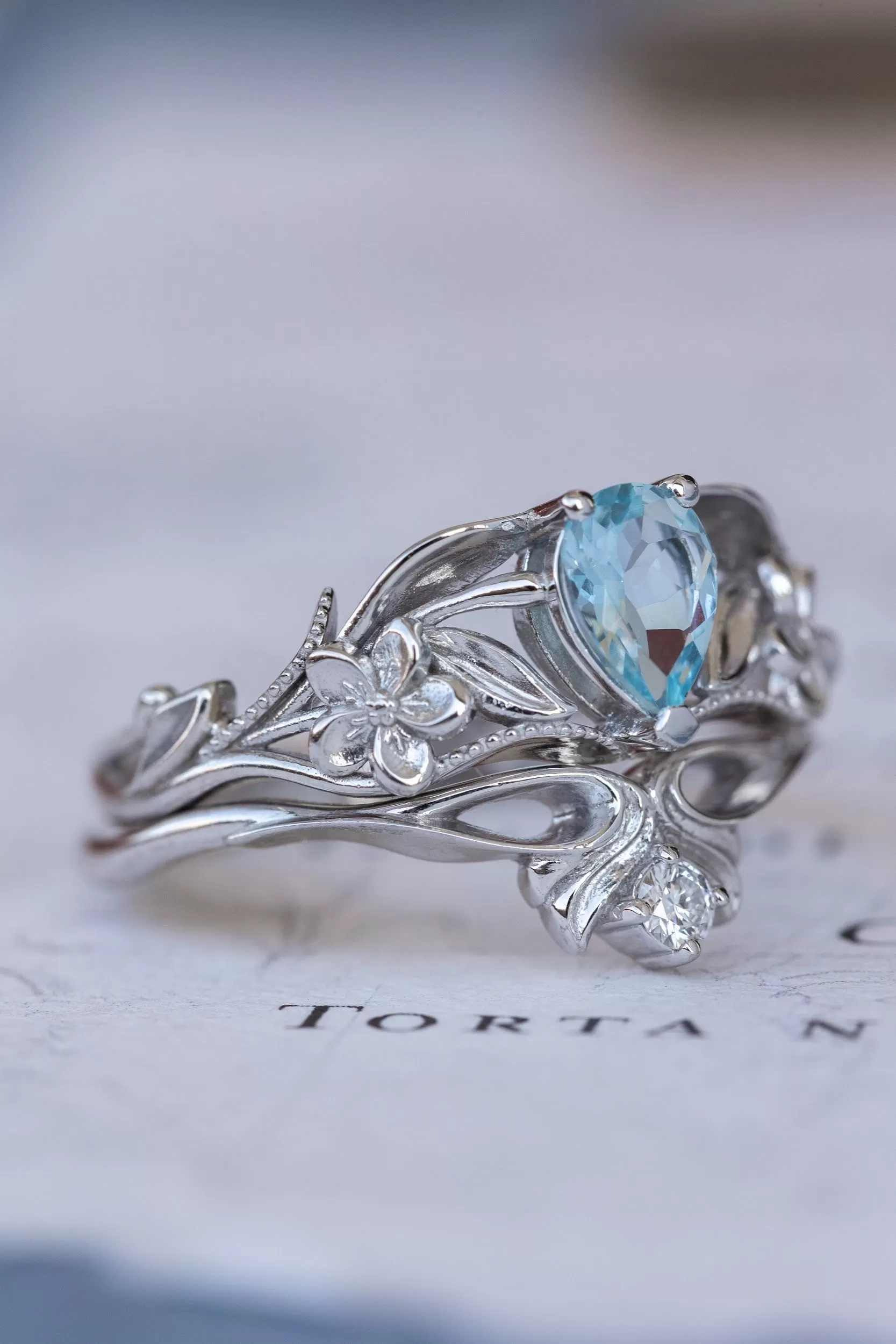 READY TO SHIP: Eloise ring in 14K white gold, natural aquamarine pear cut 7x5 mm, AVAILABLE RING SIZES: 8-10US