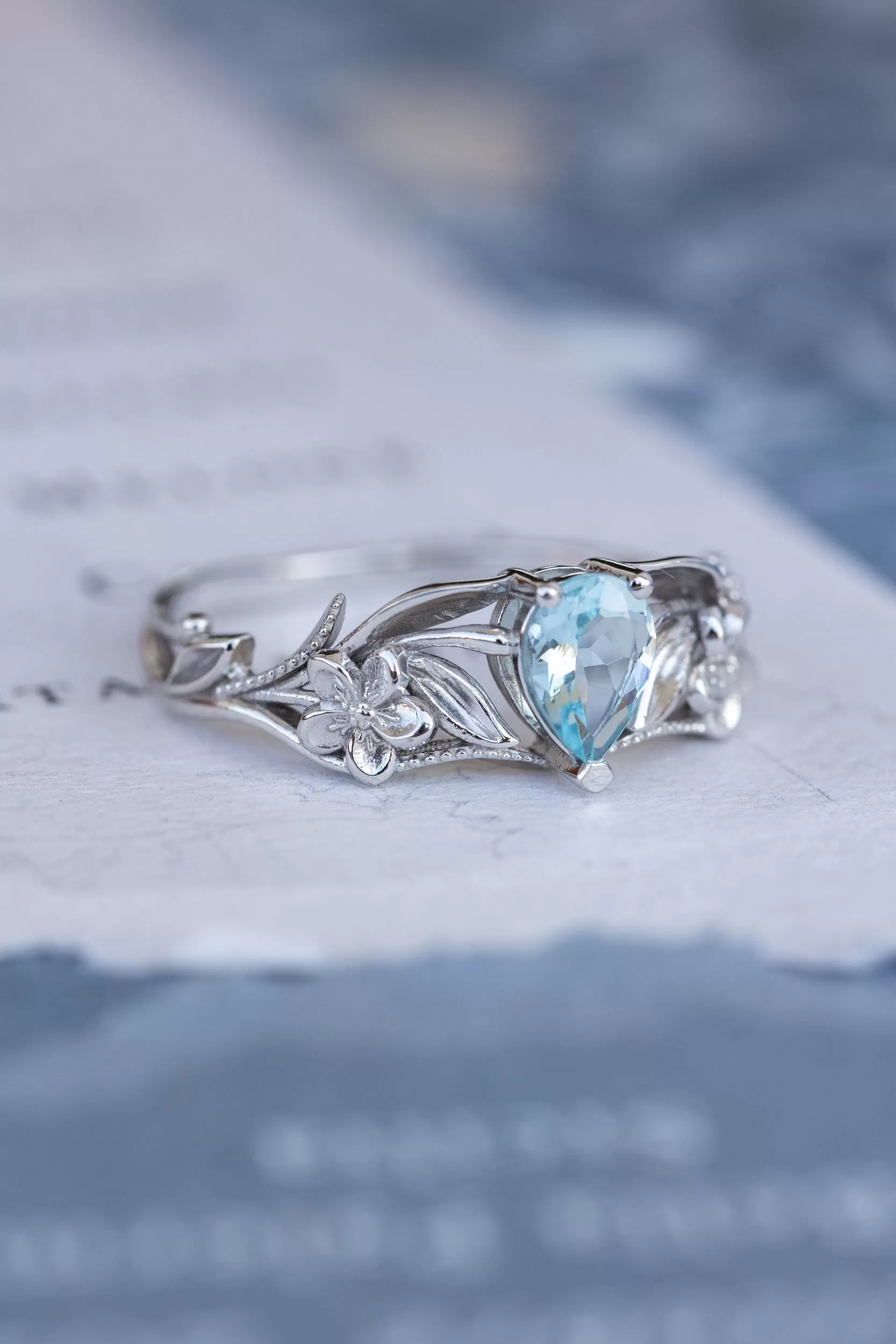 READY TO SHIP: Eloise ring in 14K white gold, natural aquamarine pear cut 7x5 mm, AVAILABLE RING SIZES: 8-10US