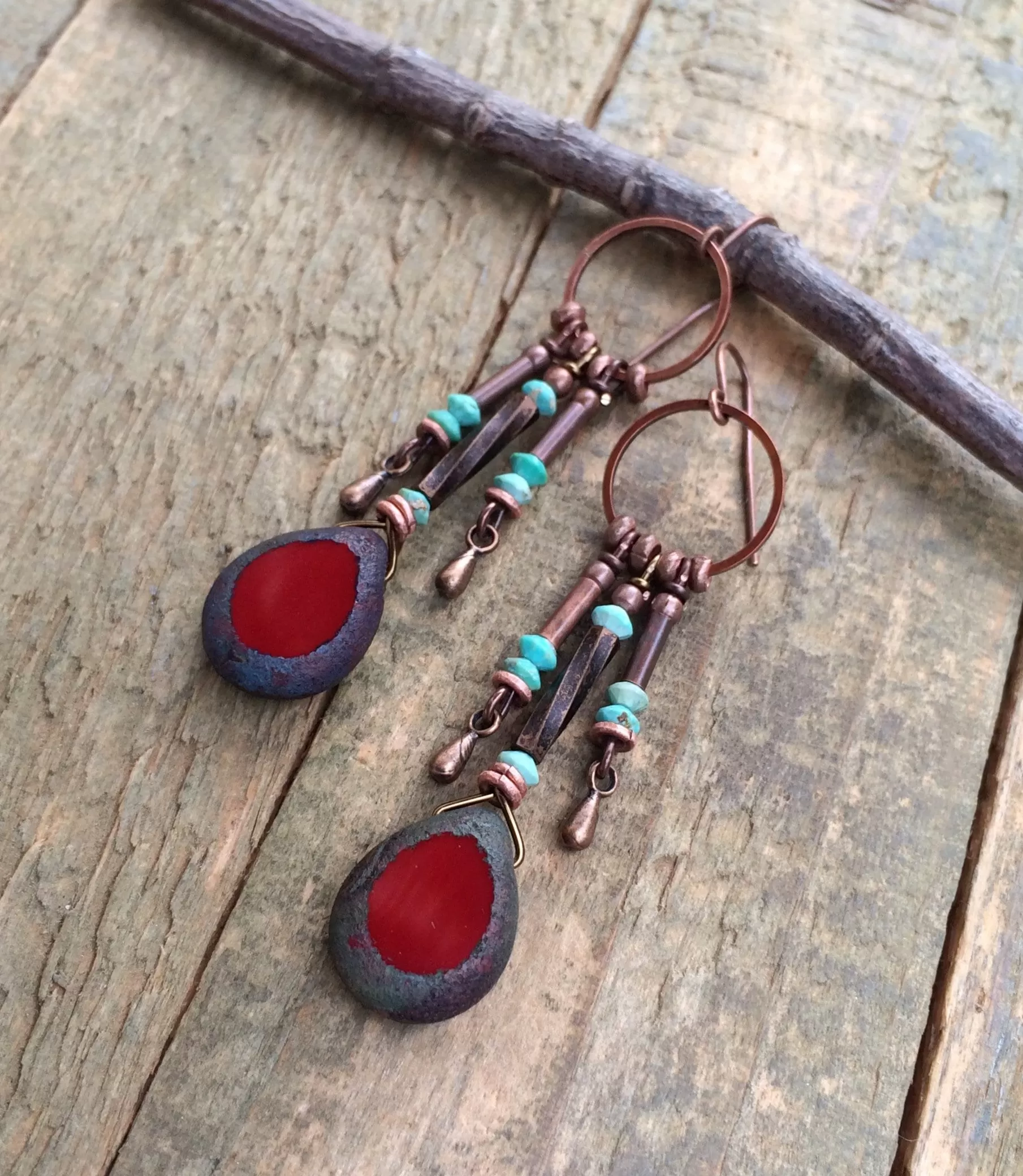 Red Czech Glass and Turquoise Dangle Earrings, Boho Dangle Earrings, Western Chandelier Drop Earrings, Red Glass and Turquoise Jewelry