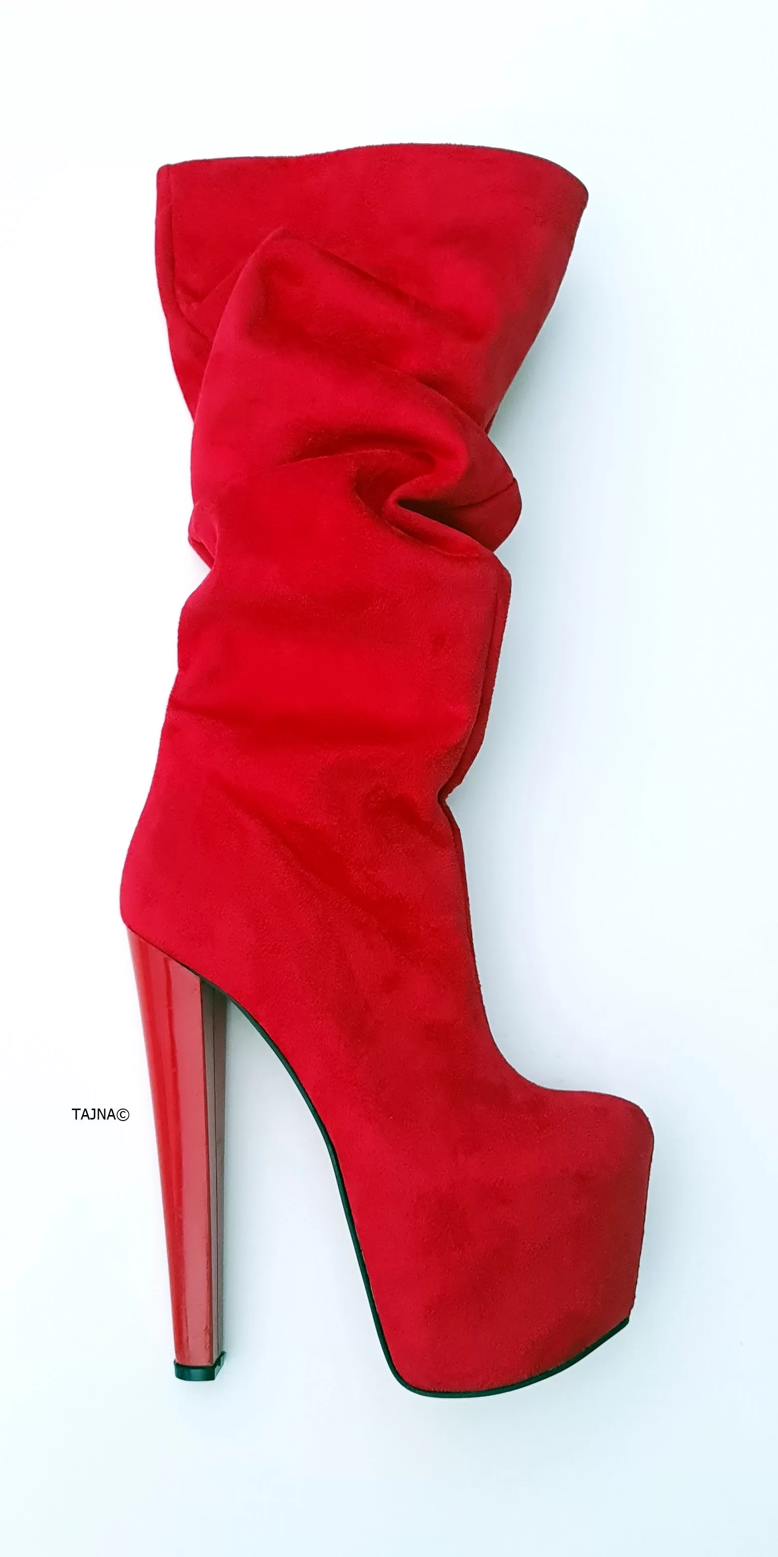 Red Suede Mid-Calf Chunky Heel Boots