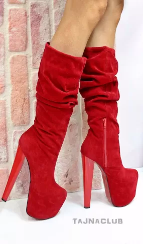 Red Suede Mid-Calf Chunky Heel Boots