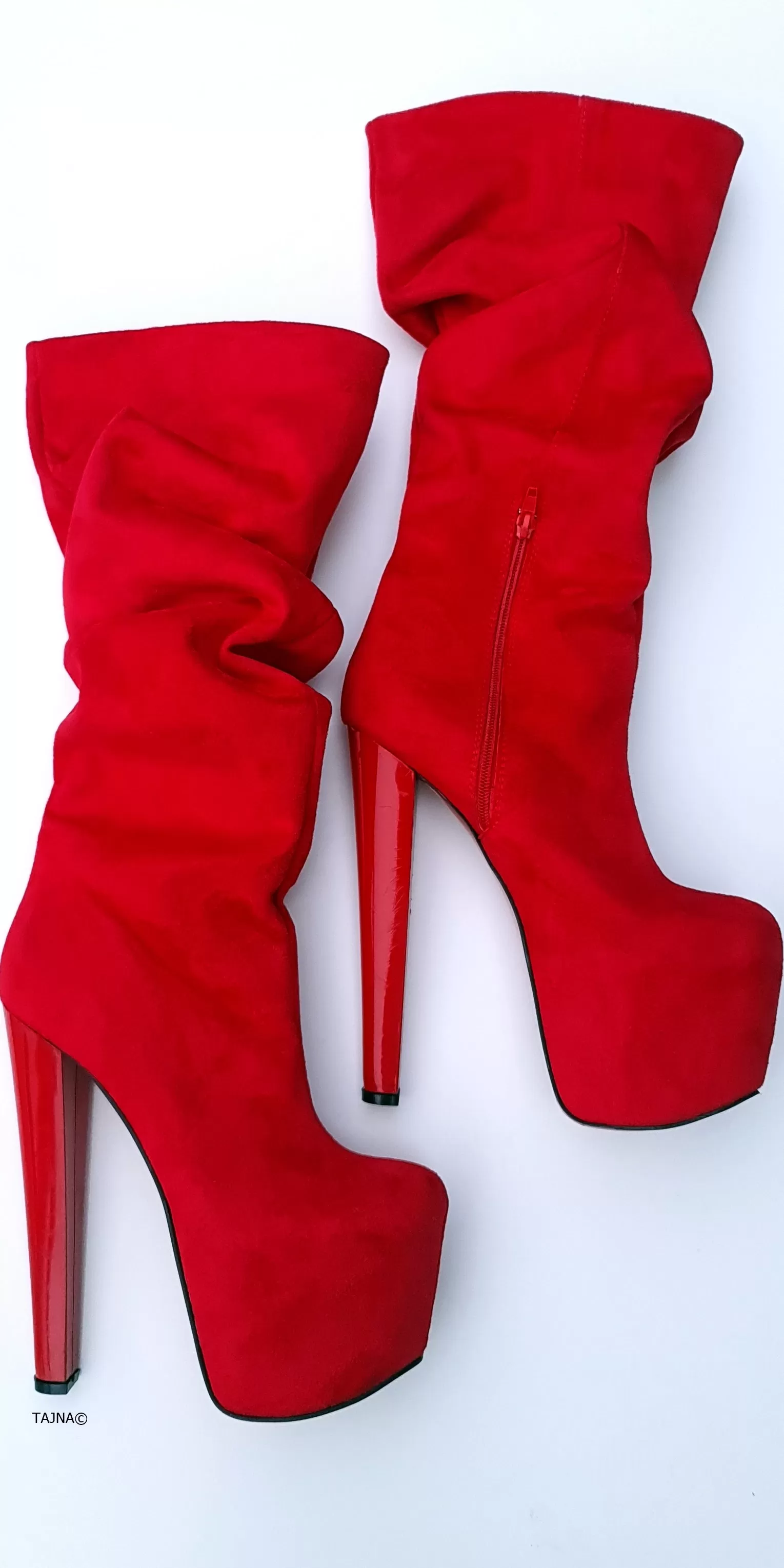 Red Suede Mid-Calf Chunky Heel Boots