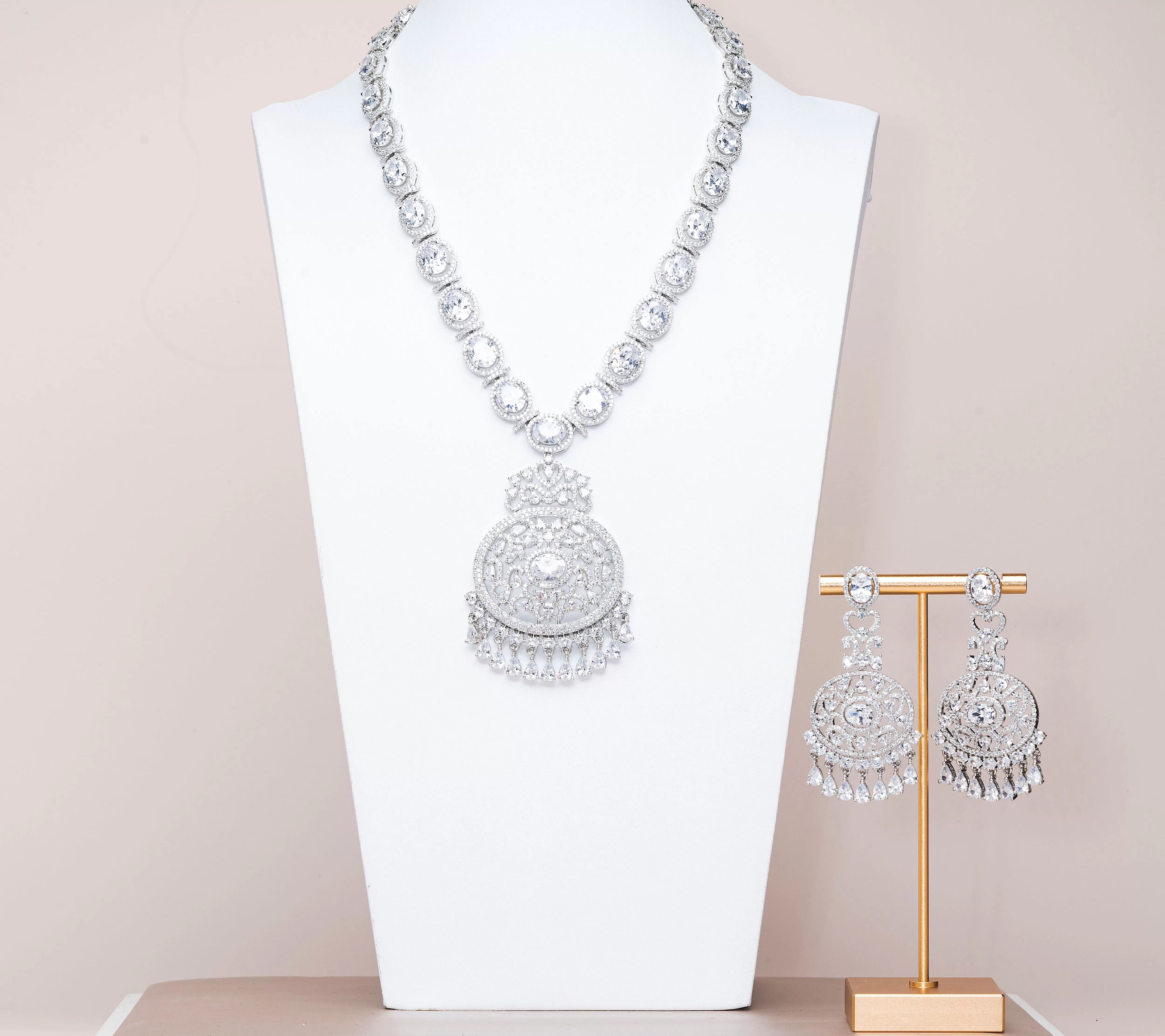 Ria White Gold Luxury Necklace & Earring Set By Jaipur Rose Luxury Indian Jewelry Online