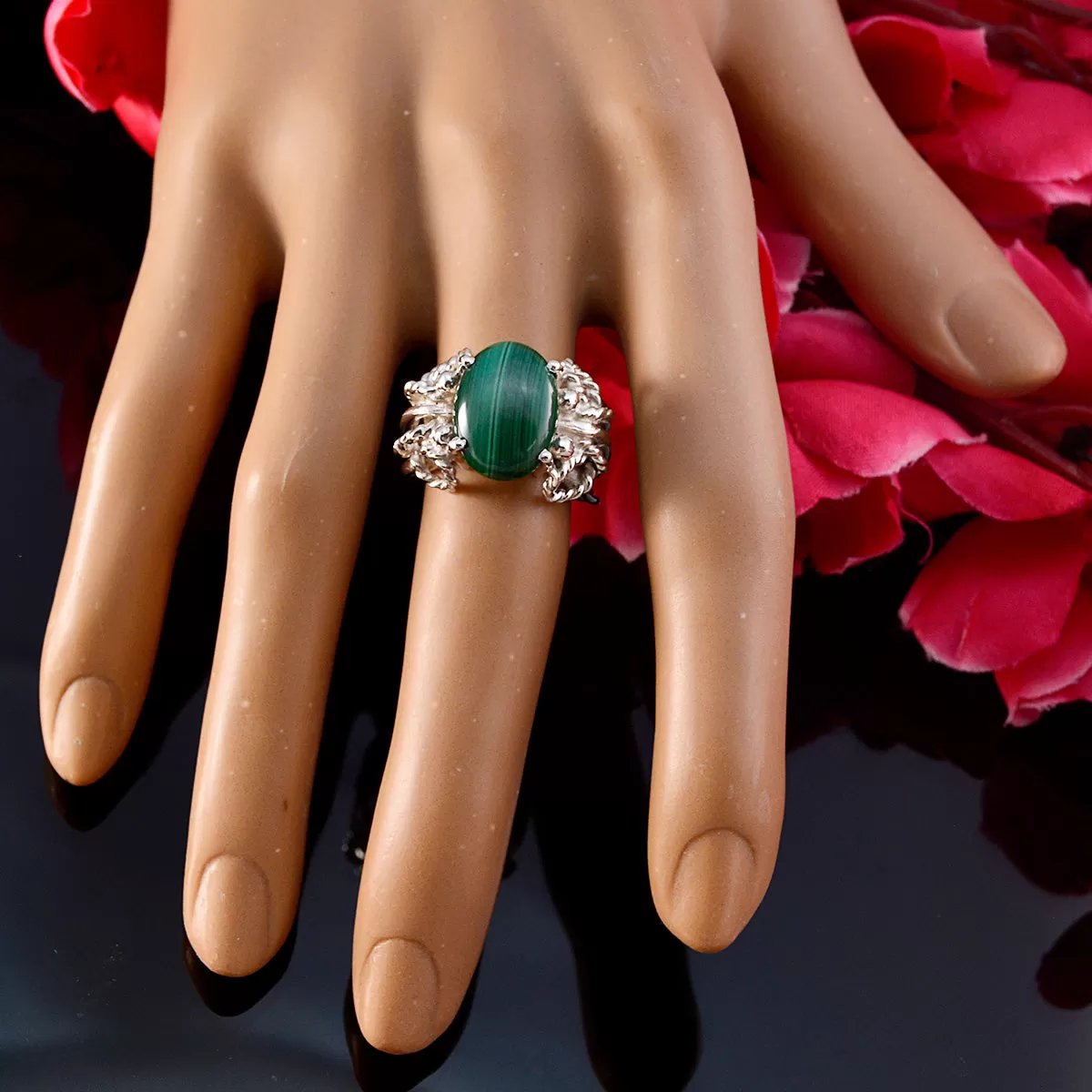 Riyo Delicate Gem Malachite Sterling Silver Rings Witch Jewelry