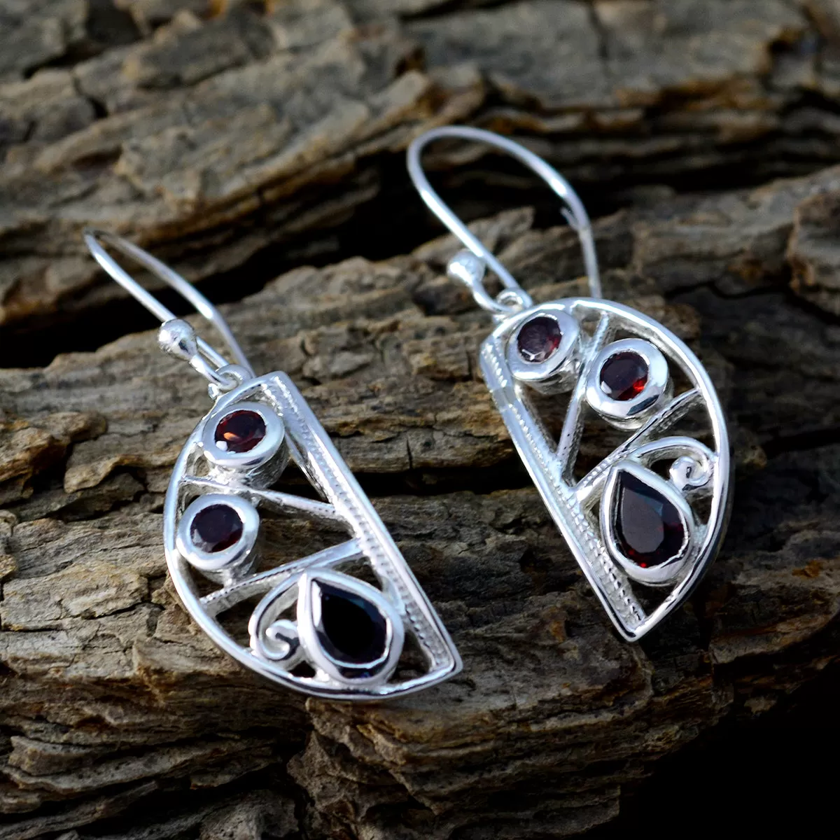 Riyo Genuine Gems multi shape Faceted Red Garnet Silver Earrings anniversary gift