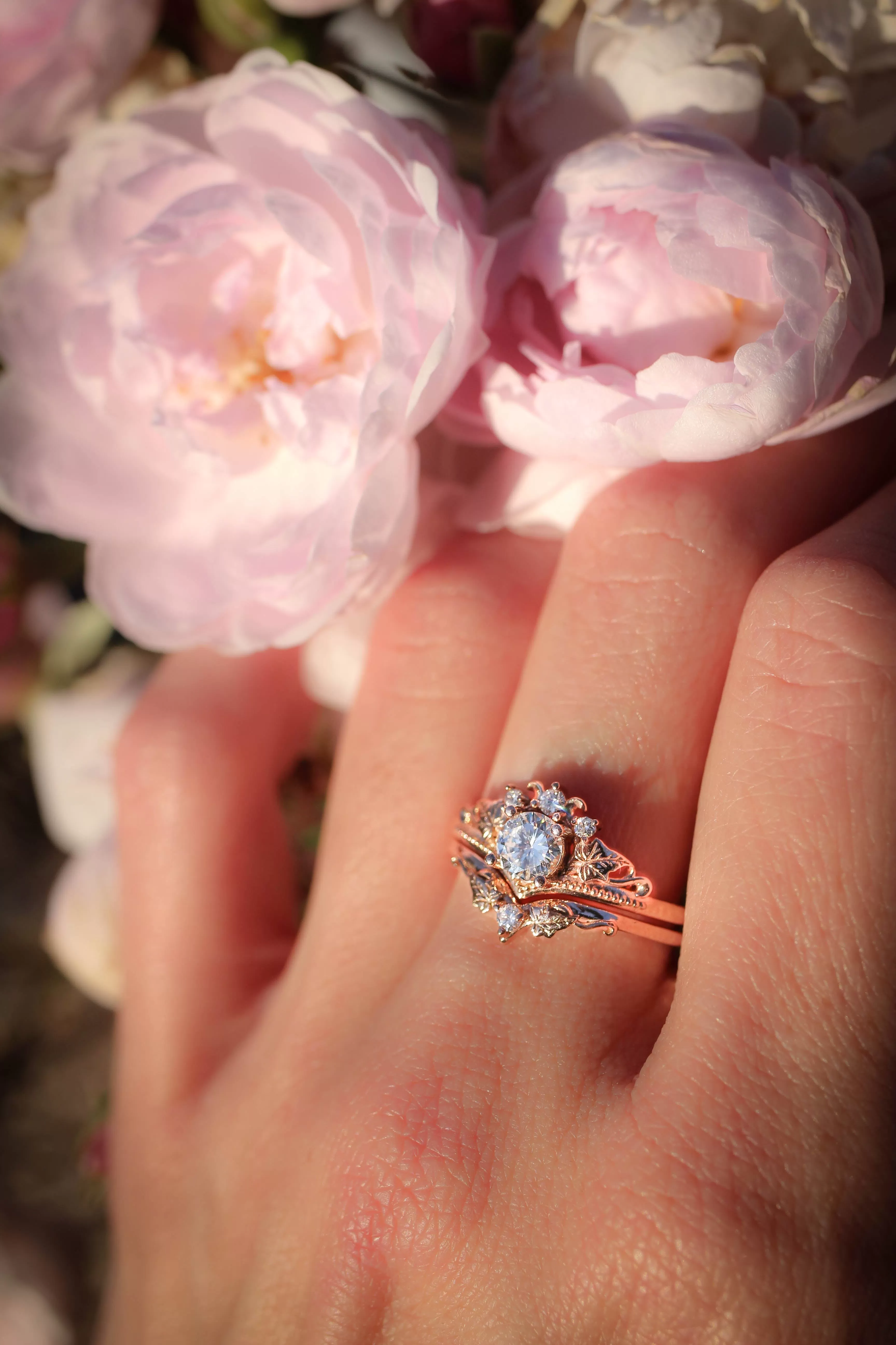 Round lab grown diamond engagement ring, nature inspired proposal ring / Ariadne