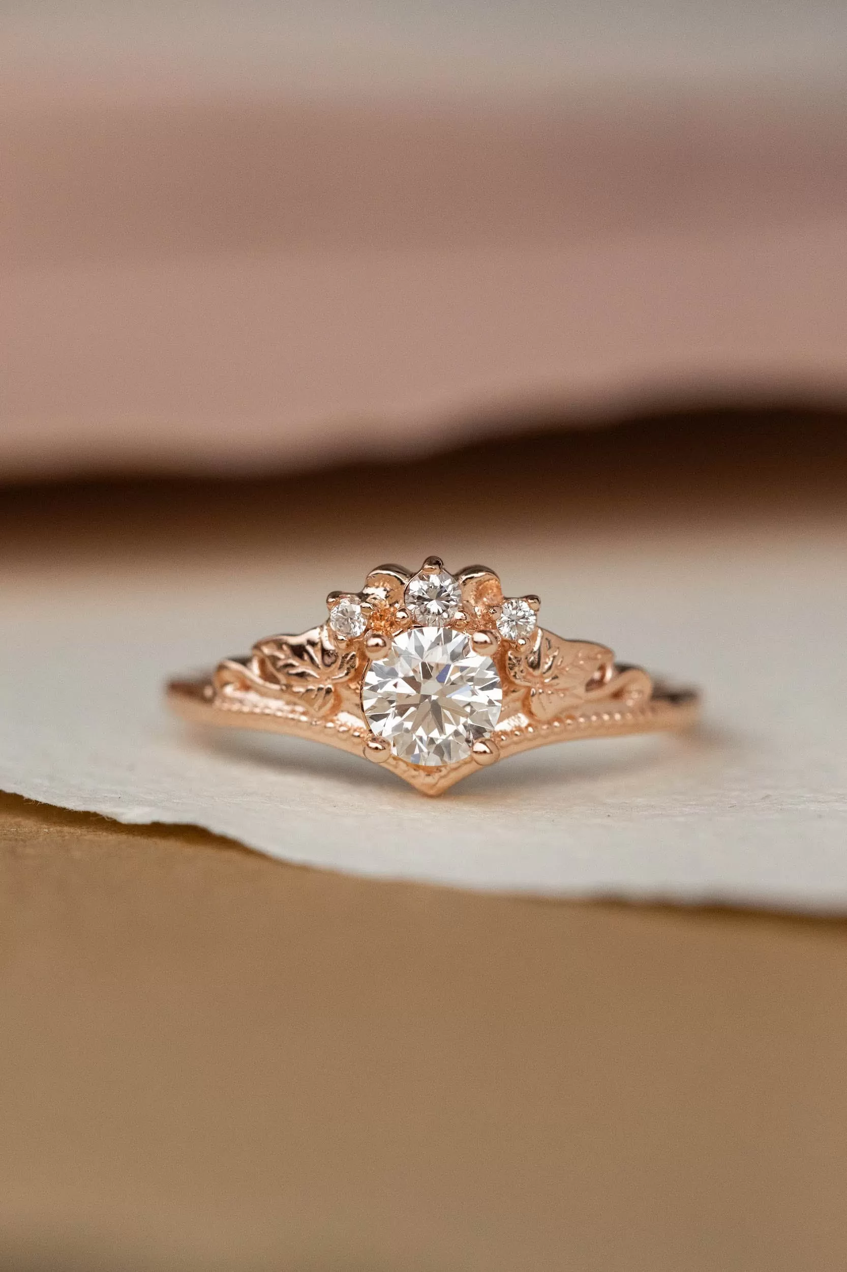 Round lab grown diamond engagement ring, nature inspired proposal ring / Ariadne