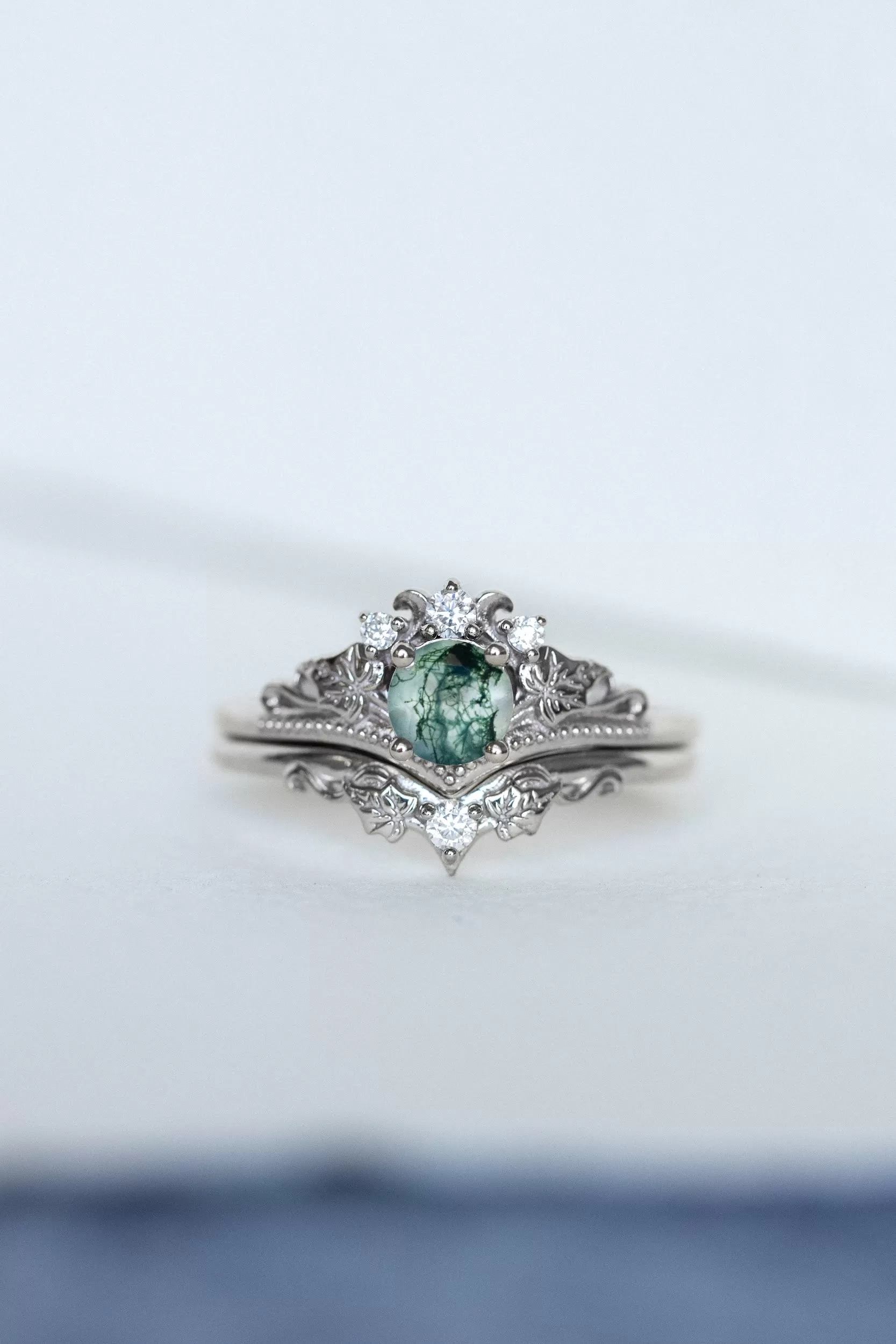 Round moss agate bridal ring set, diamond tiara rings / Ariadne