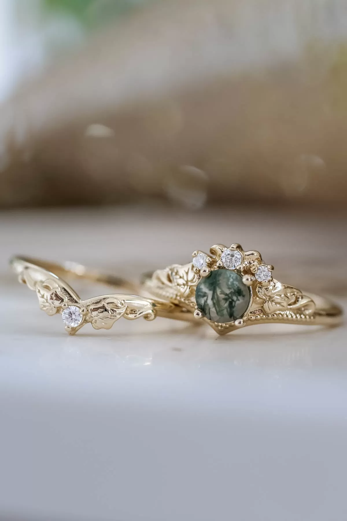 Round moss agate bridal ring set, diamond tiara rings / Ariadne