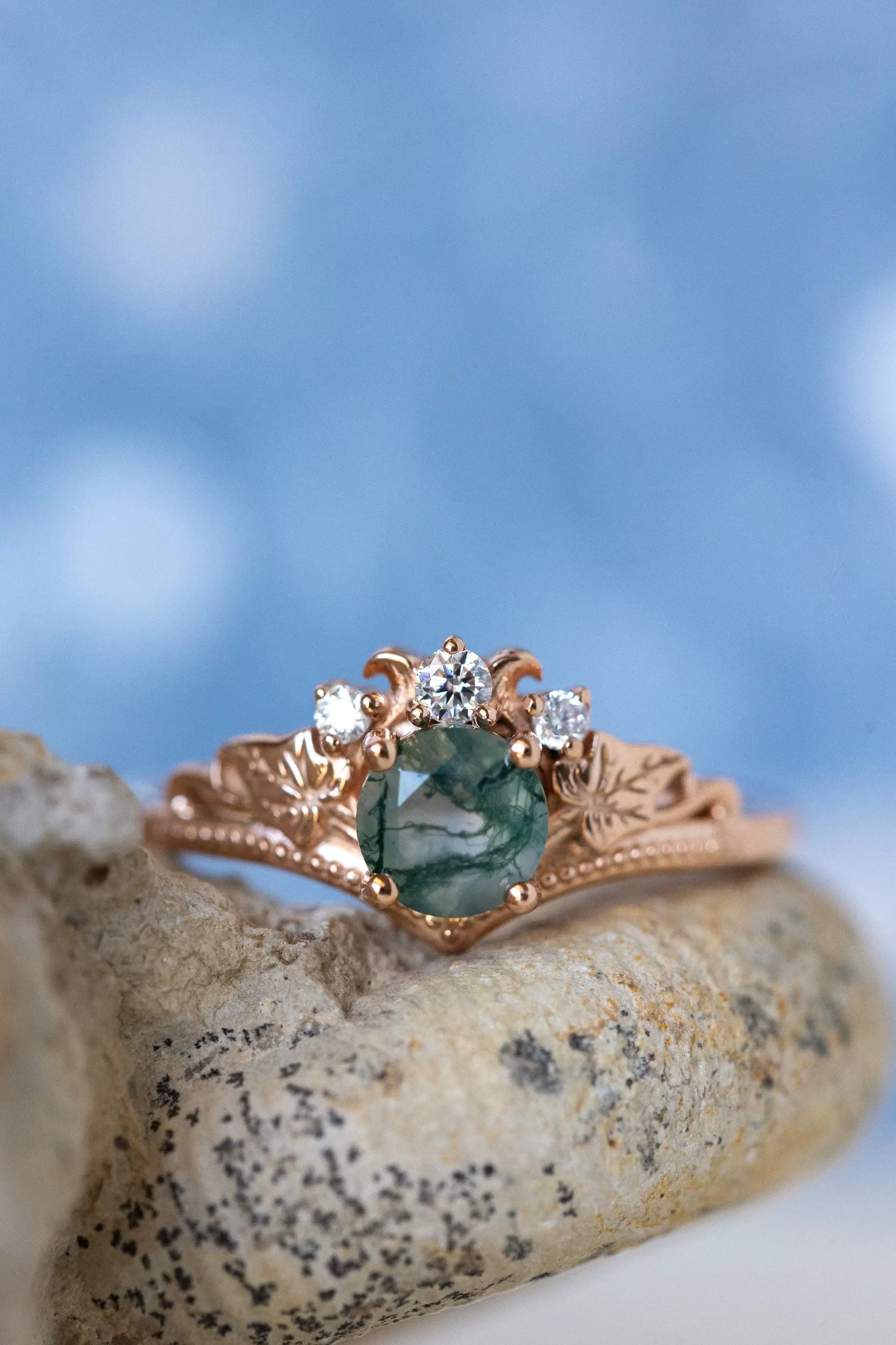 Round moss agate bridal ring set, diamond tiara rings / Ariadne