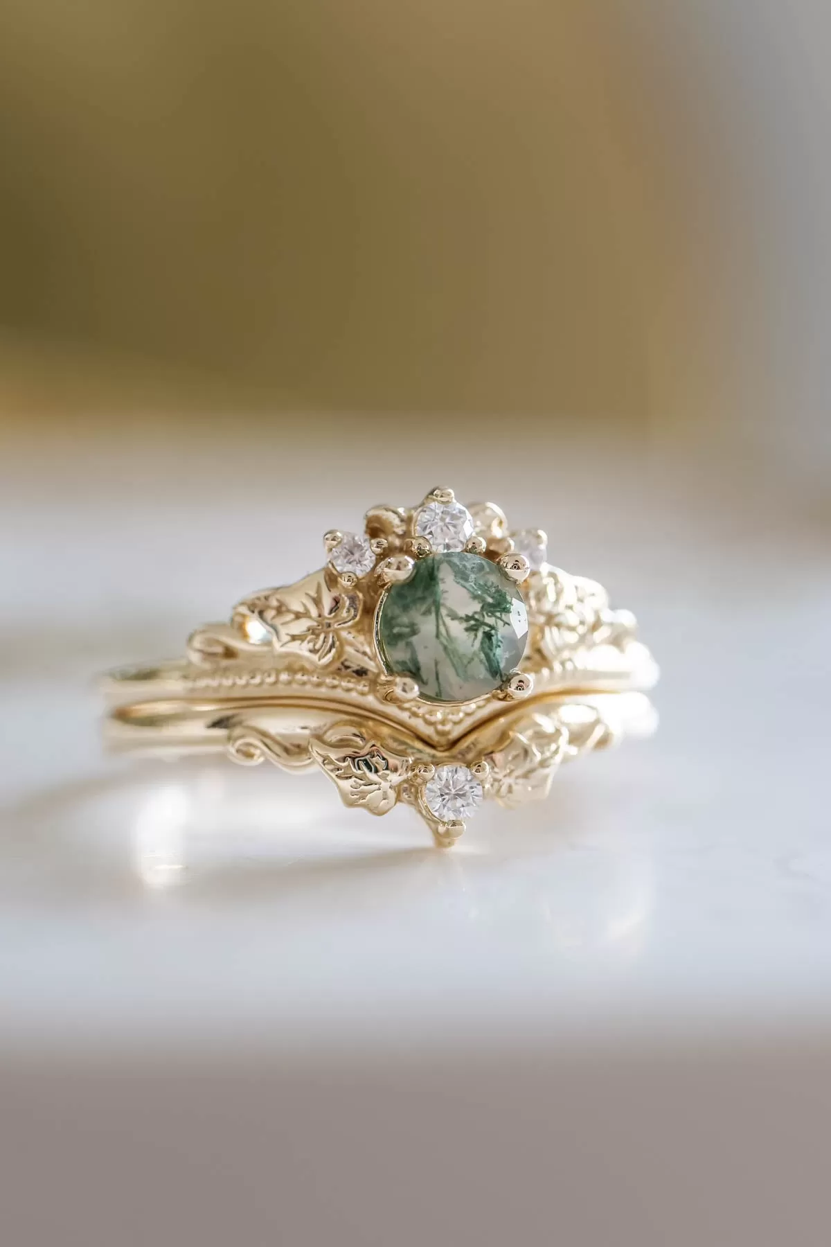 Round moss agate bridal ring set, diamond tiara rings / Ariadne