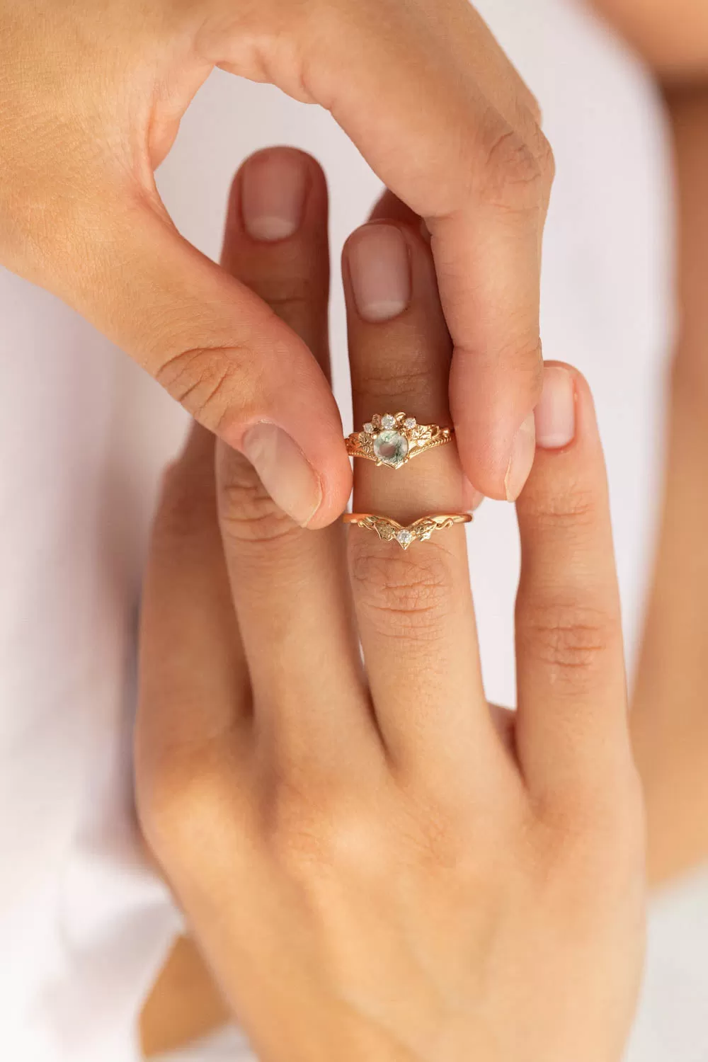 Round moss agate bridal ring set, diamond tiara rings / Ariadne