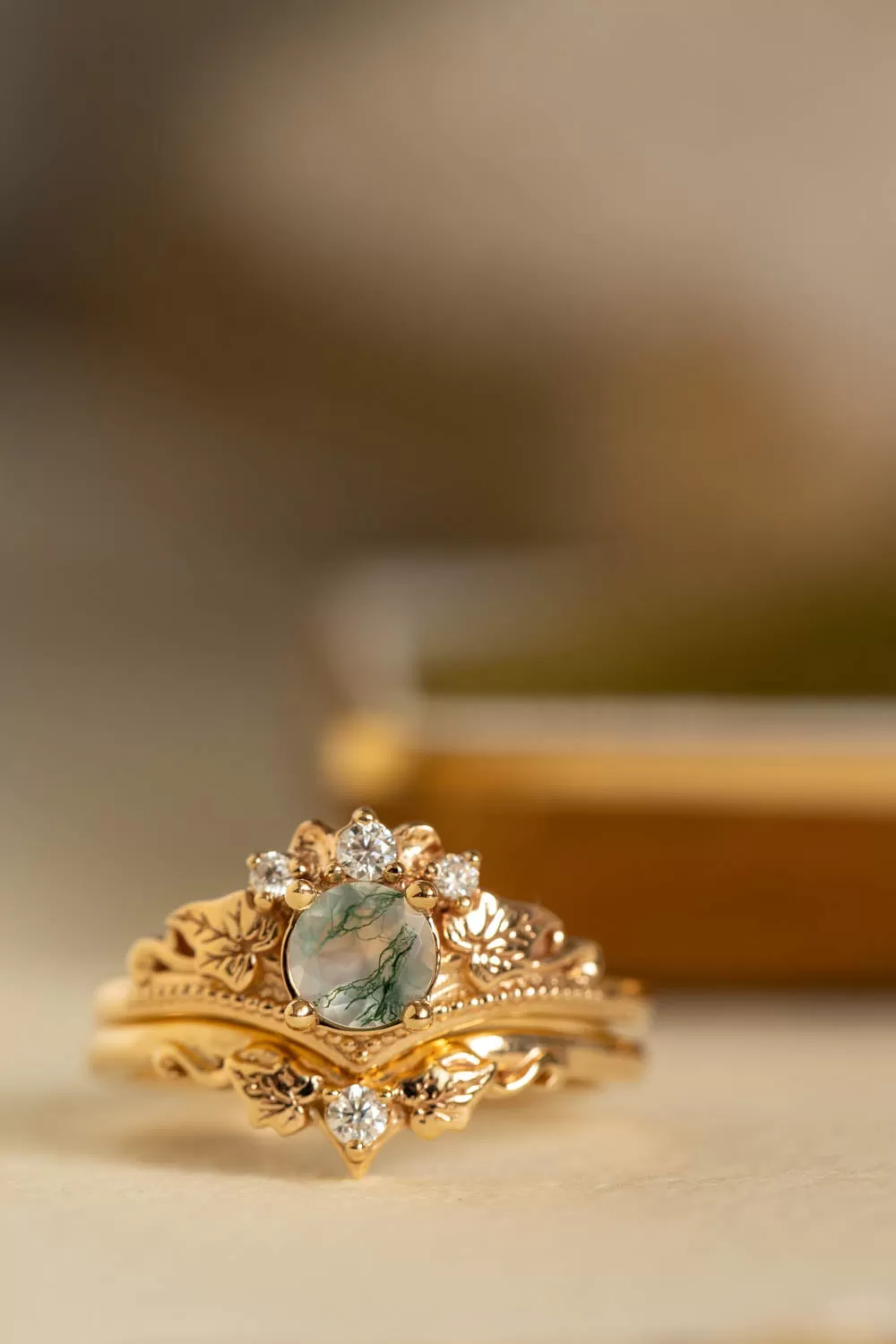 Round moss agate bridal ring set, diamond tiara rings / Ariadne