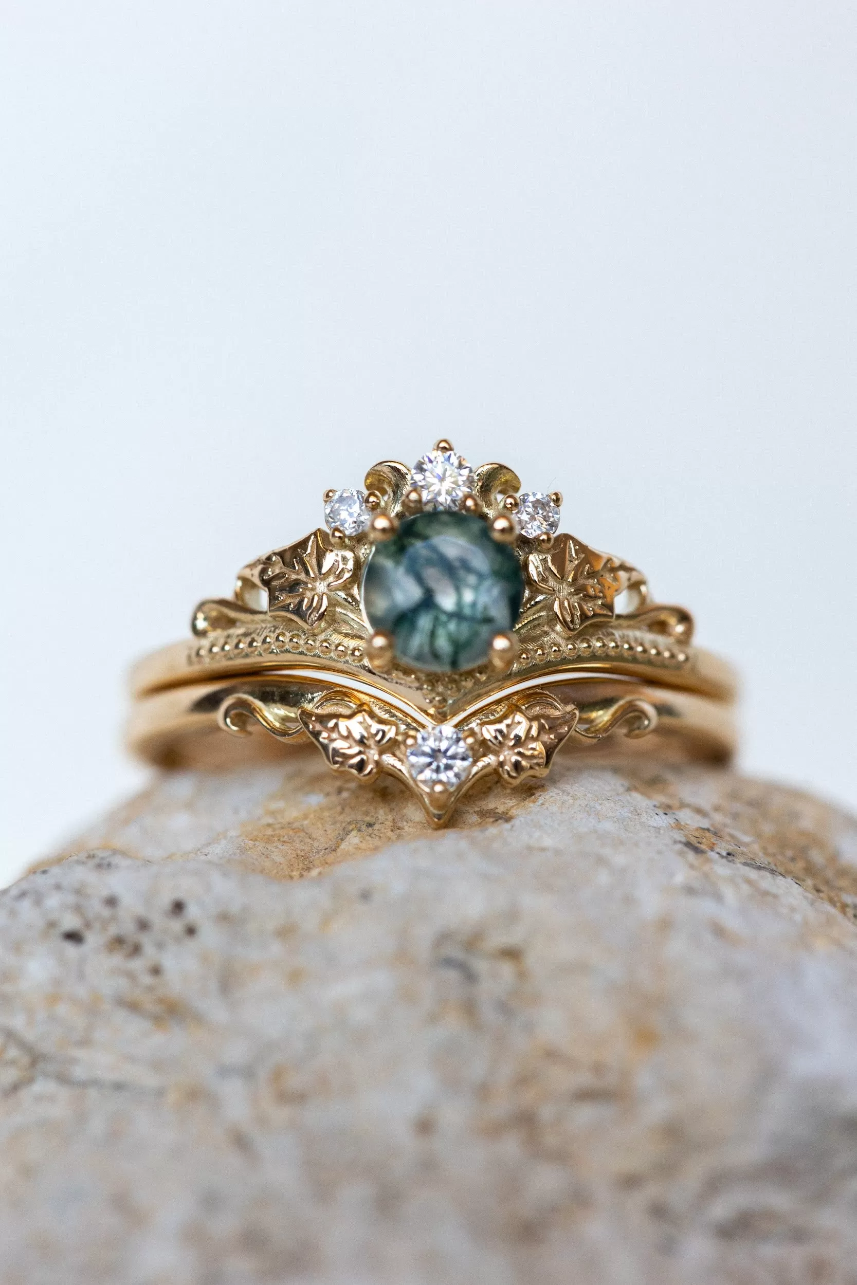 Round moss agate bridal ring set, diamond tiara rings / Ariadne