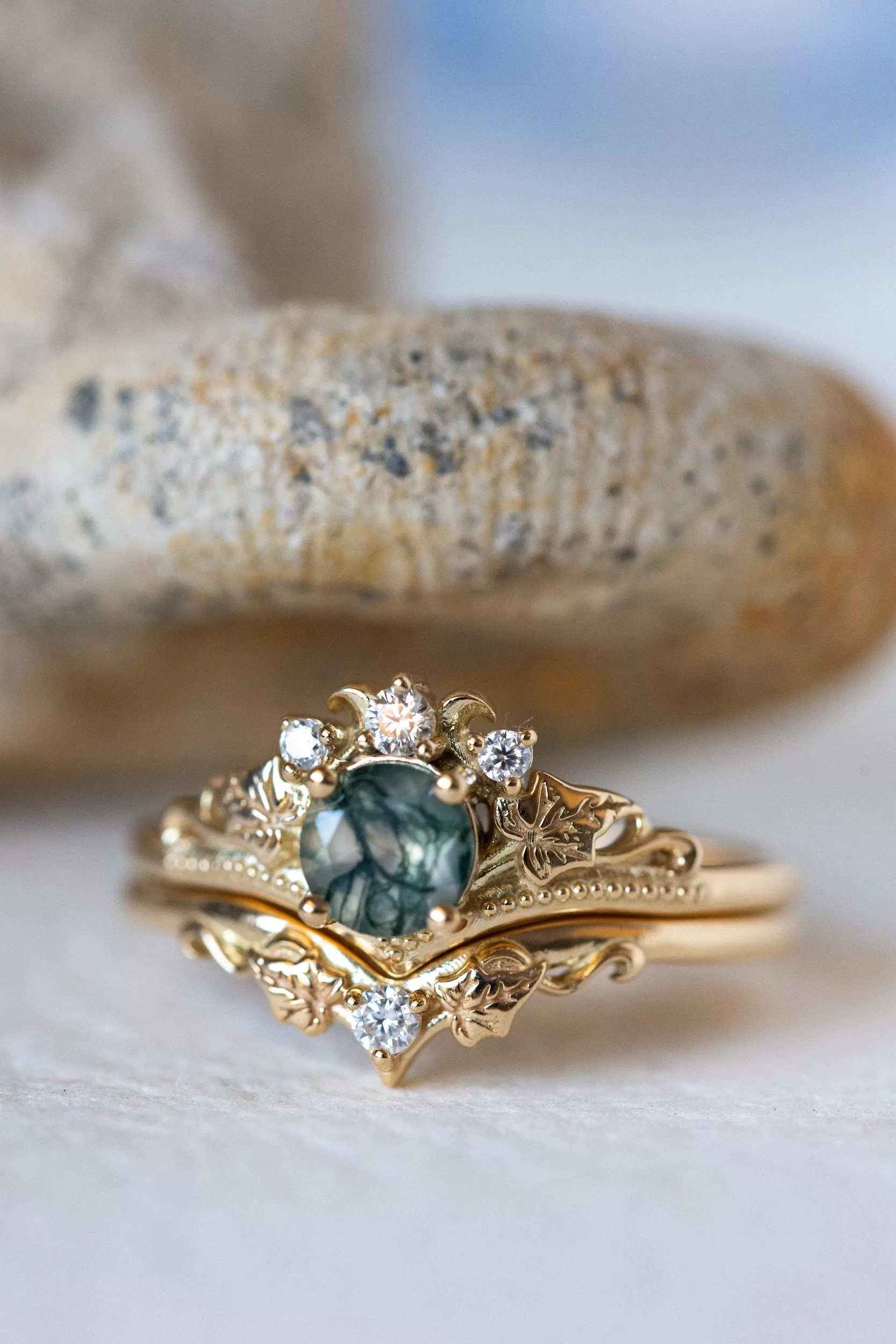 Round moss agate bridal ring set, diamond tiara rings / Ariadne