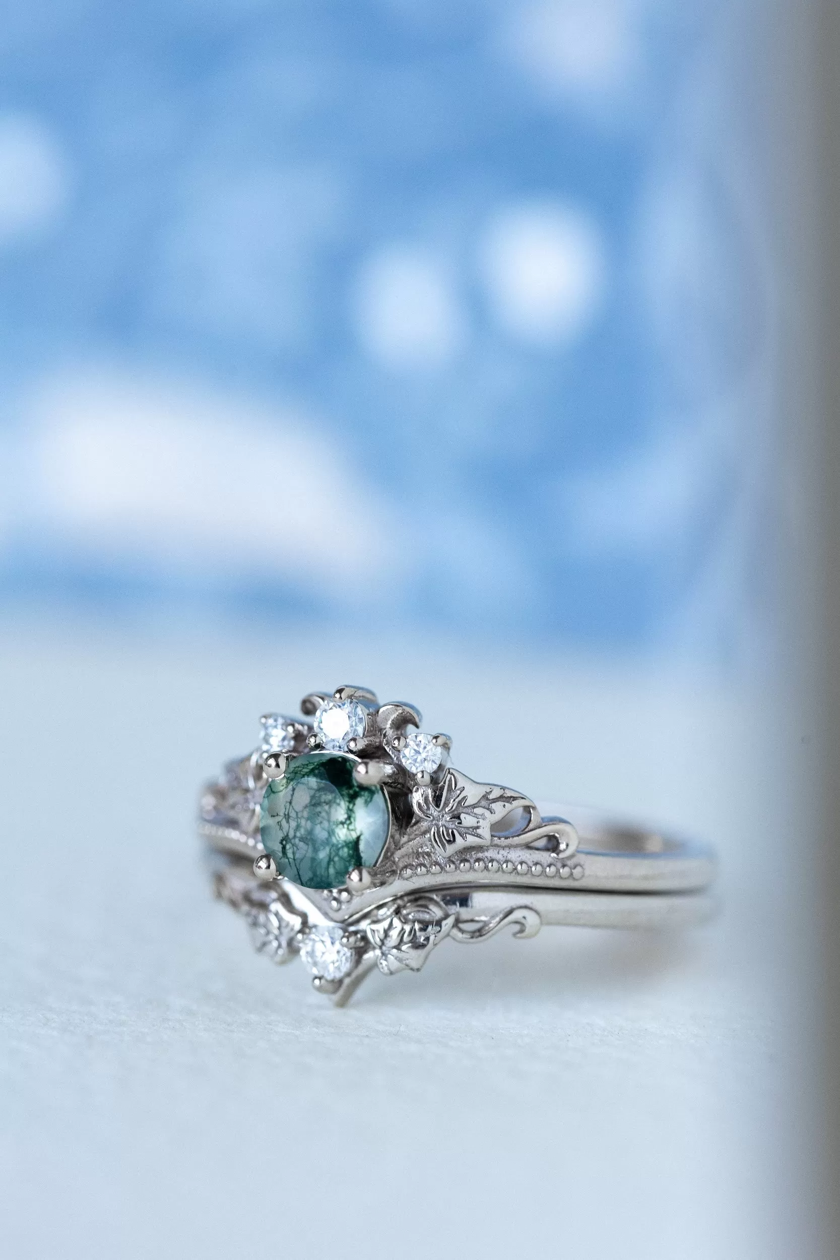 Round moss agate bridal ring set, diamond tiara rings / Ariadne