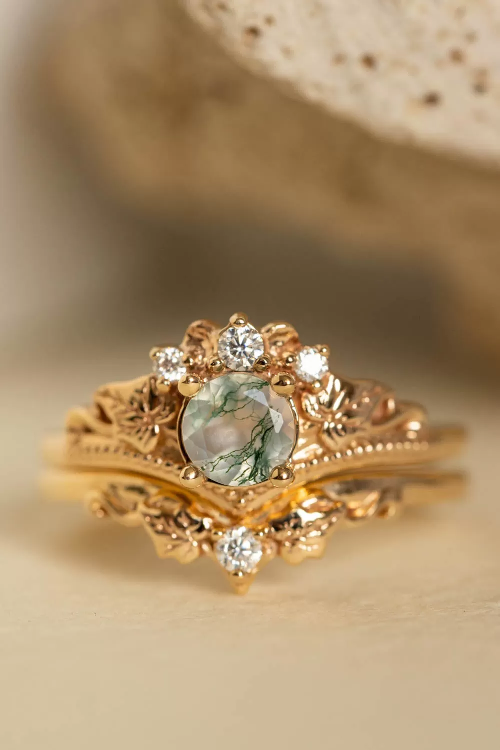 Round moss agate bridal ring set, diamond tiara rings / Ariadne