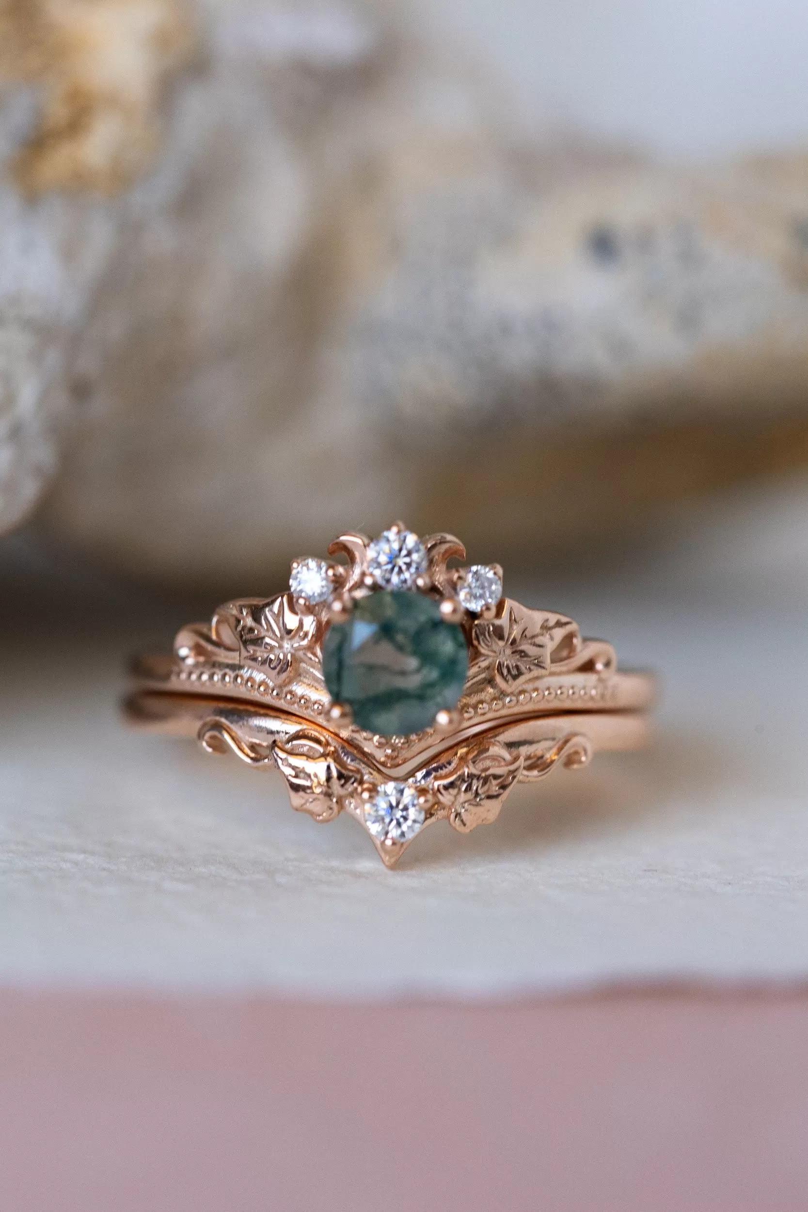 Round moss agate bridal ring set, diamond tiara rings / Ariadne