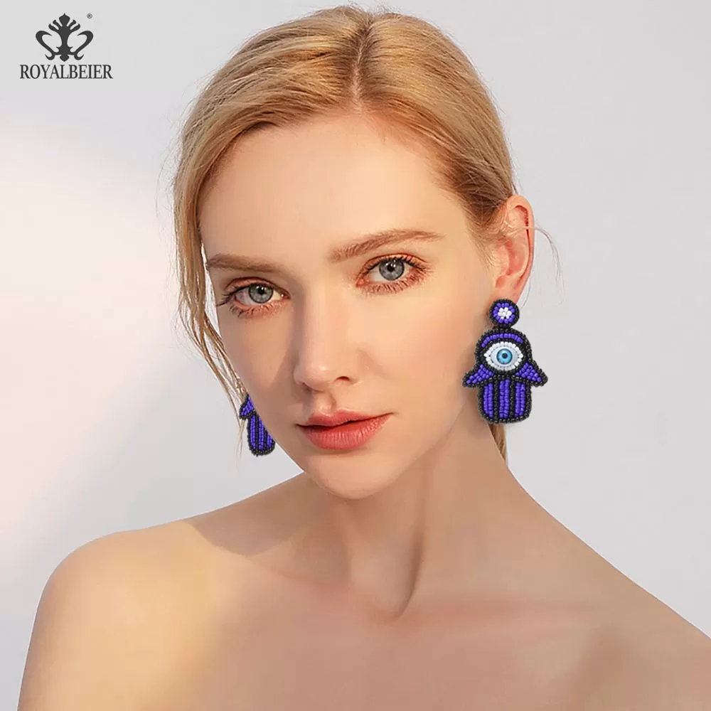 ROYALBEIER Large Tassel Earrings Bohemia Handmade Blue Beads Earrings