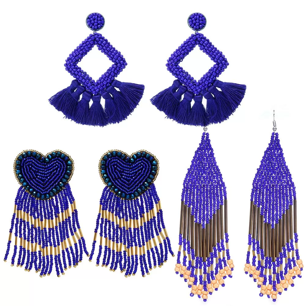 ROYALBEIER Large Tassel Earrings Bohemia Handmade Blue Beads Earrings