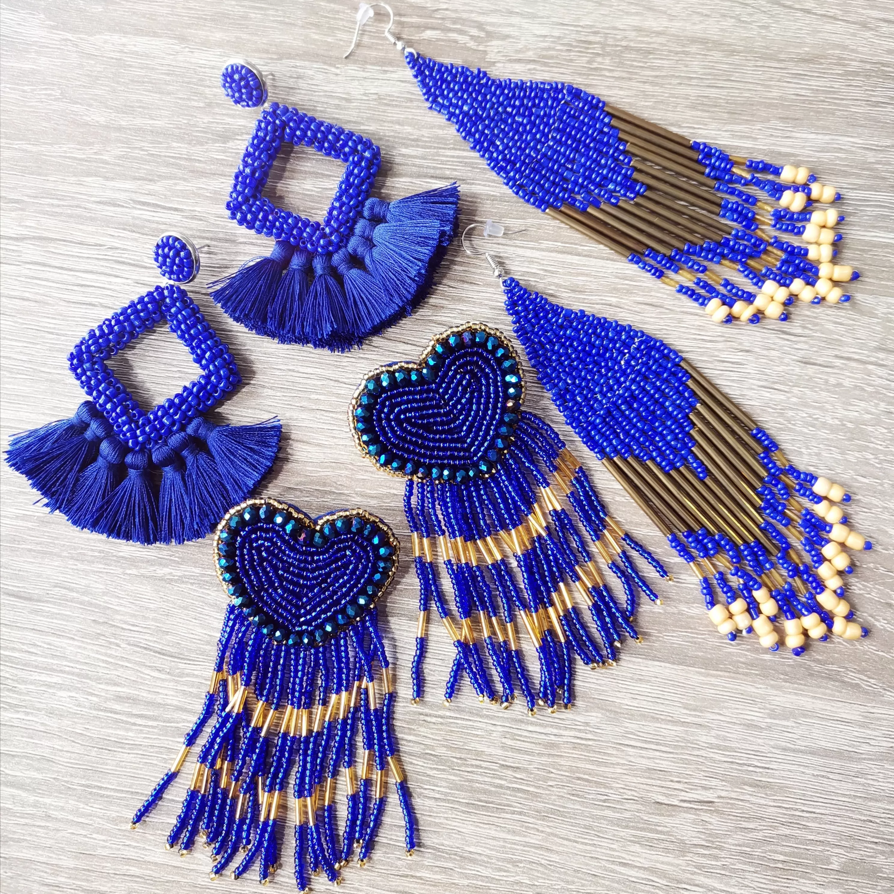 ROYALBEIER Large Tassel Earrings Bohemia Handmade Blue Beads Earrings