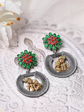 Rubans Dual Toned Drop Earrings With God Motif And Studded Stones