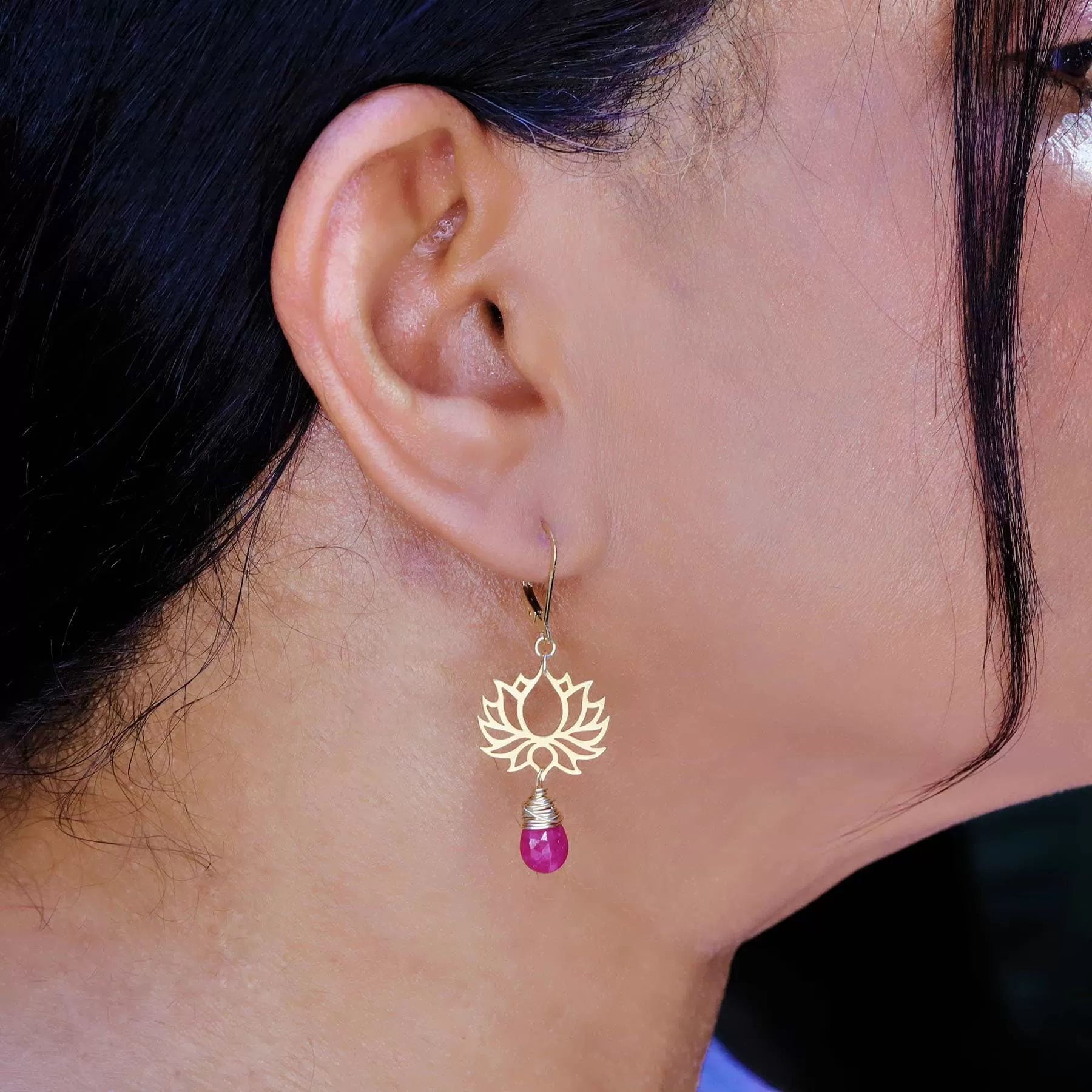 Shiva - Golden Lotus Ruby Drop Earrings