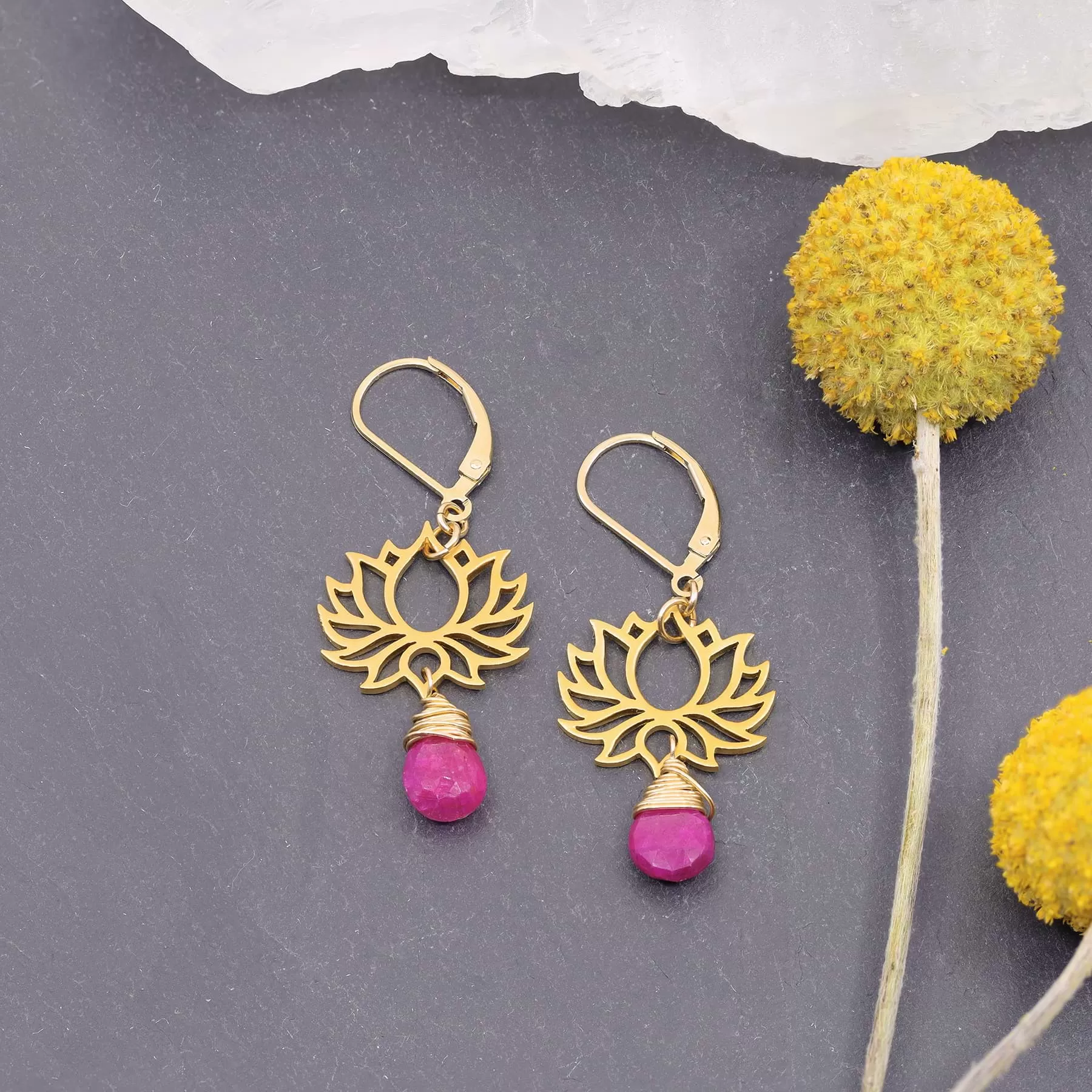 Shiva - Golden Lotus Ruby Drop Earrings