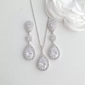 Simple Cubic Zirconia Necklace Set with Long CZ Earrings for Wedding- Penelope