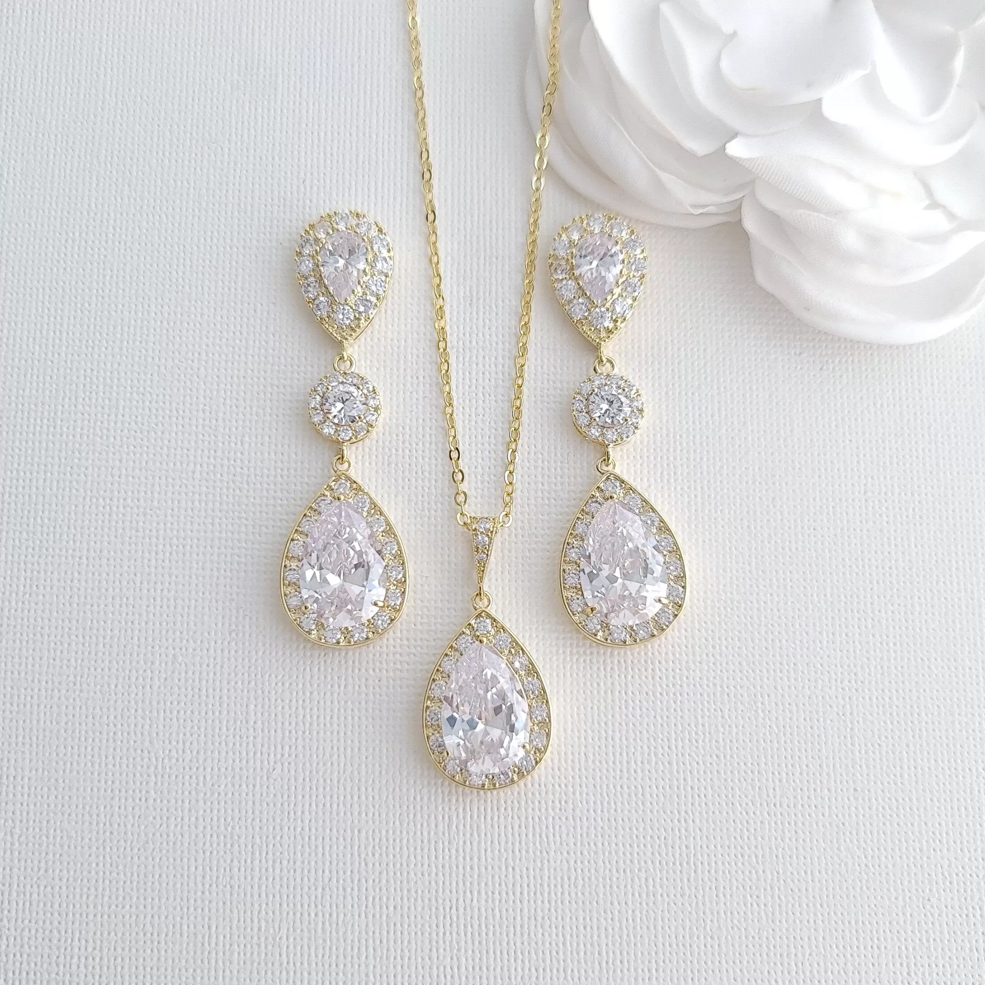 Simple Cubic Zirconia Necklace Set with Long CZ Earrings for Wedding- Penelope