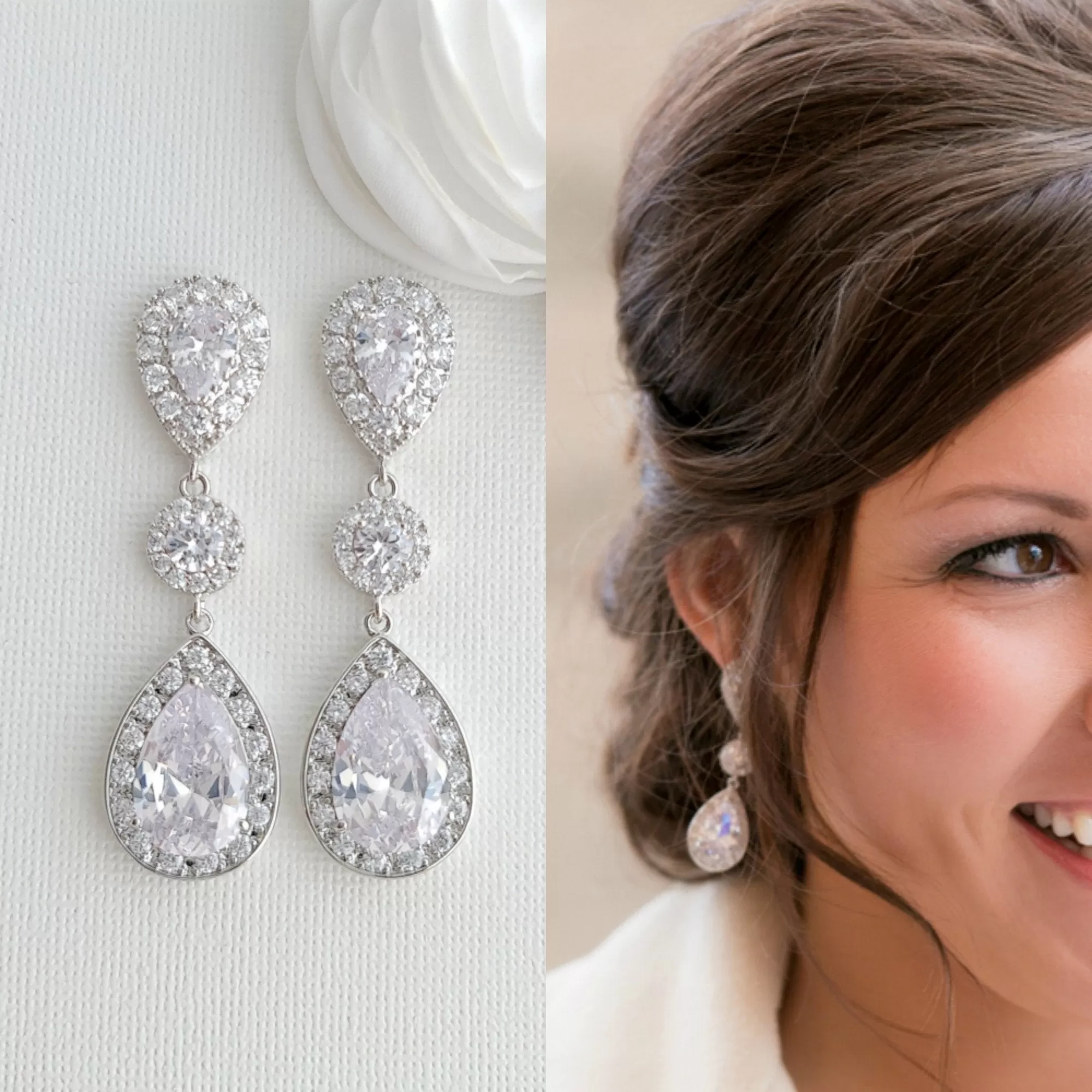 Simple Cubic Zirconia Necklace Set with Long CZ Earrings for Wedding- Penelope